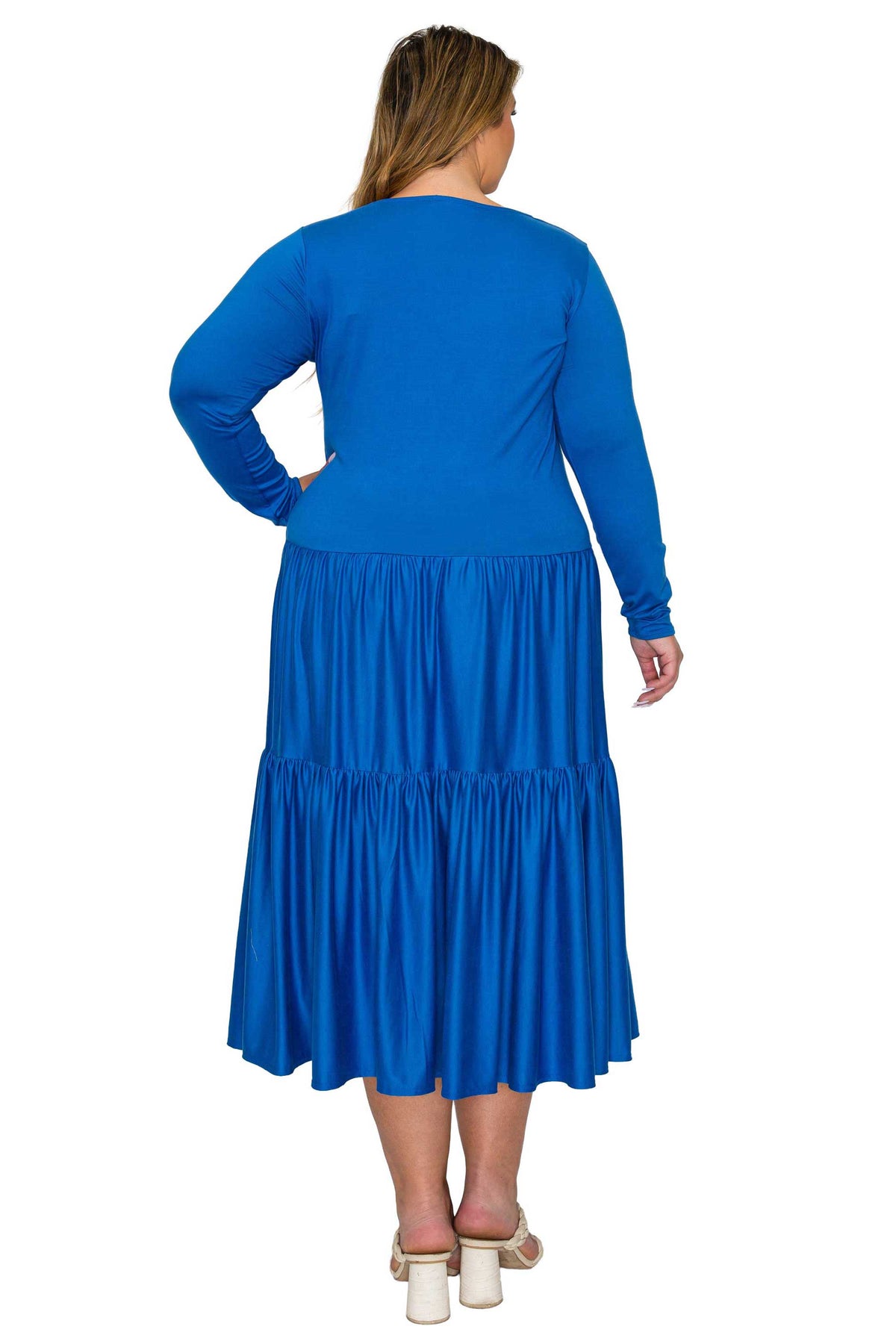 royal blue color a line dress with short sleeves and double tiered hem midi length, back view