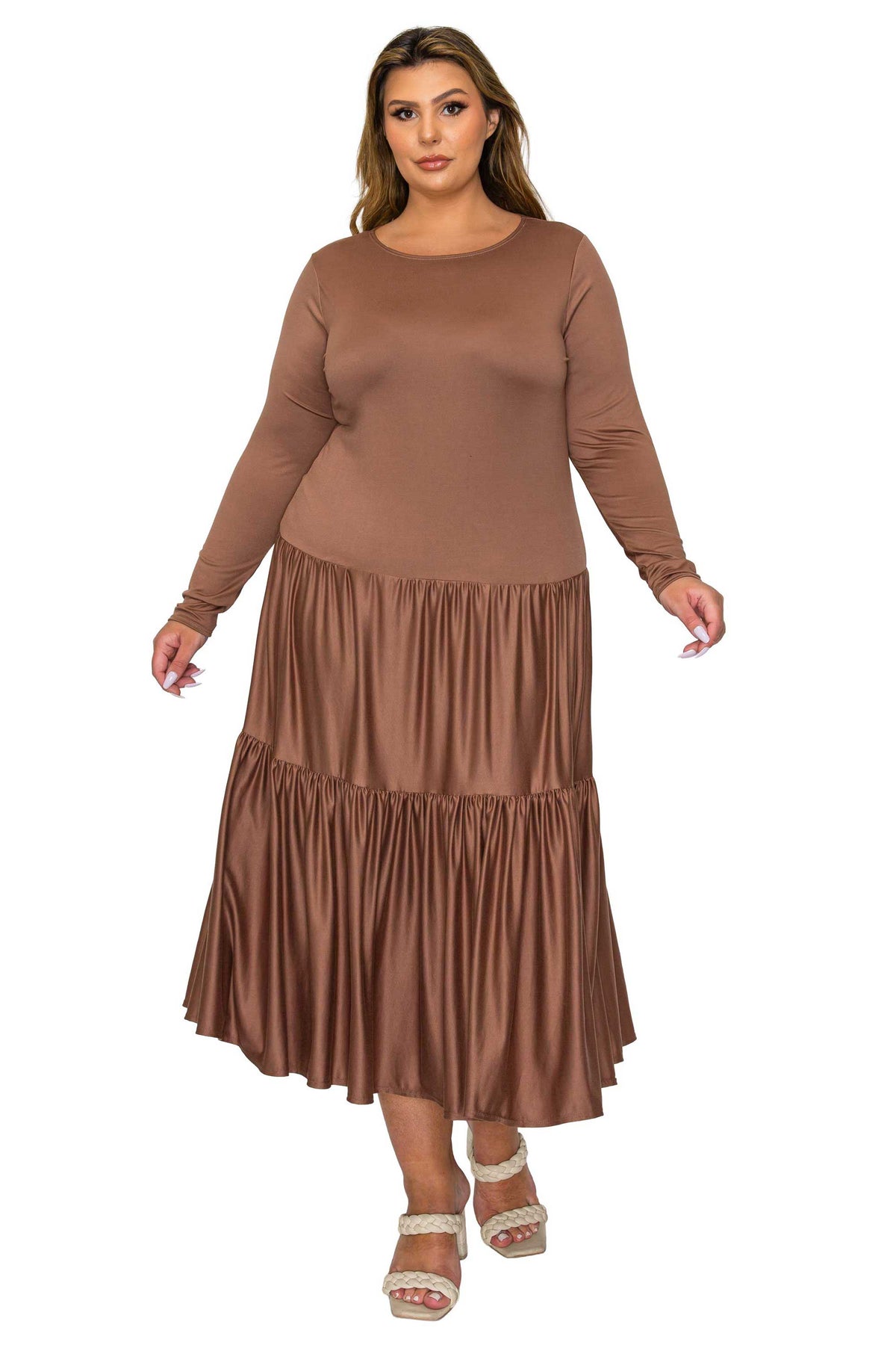 brown color a line dress with short sleeves and double tiered hem midi length, front view