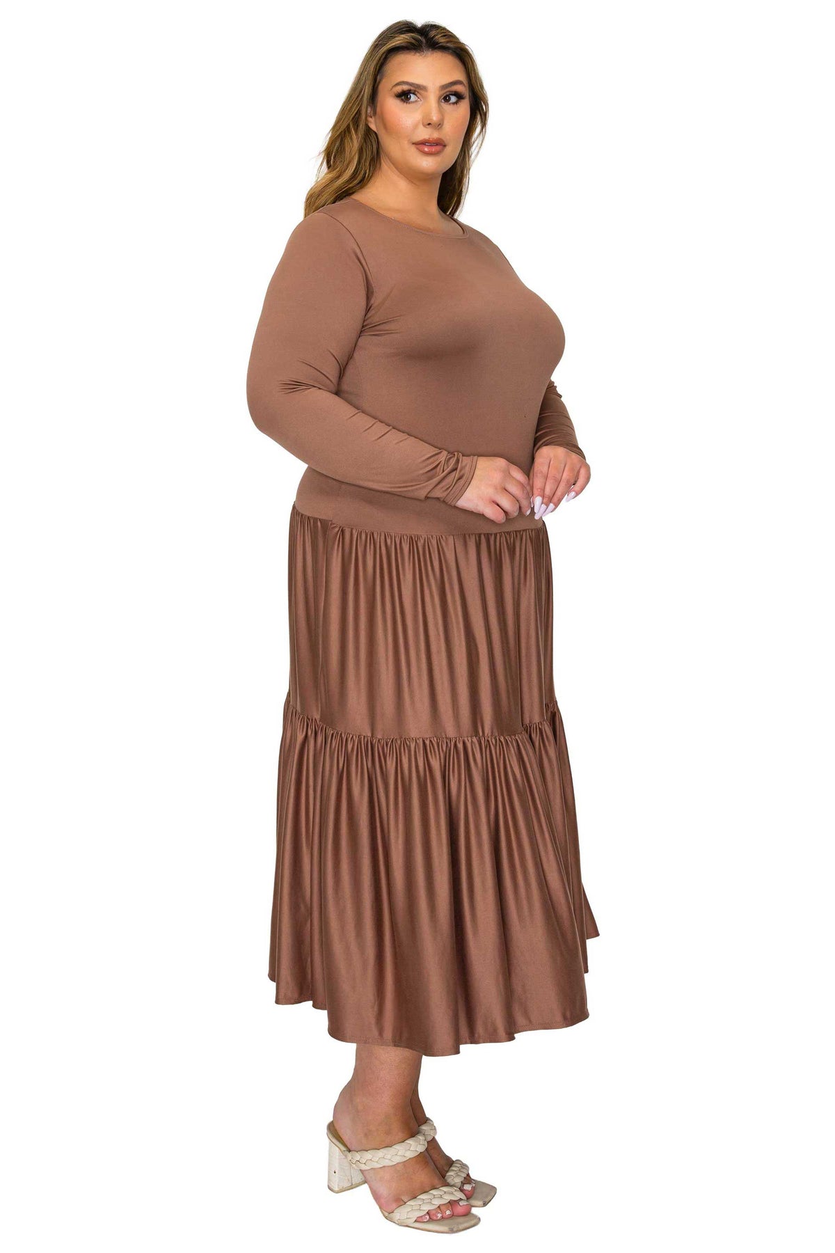 brown color a line dress with short sleeves and double tiered hem midi length, side view