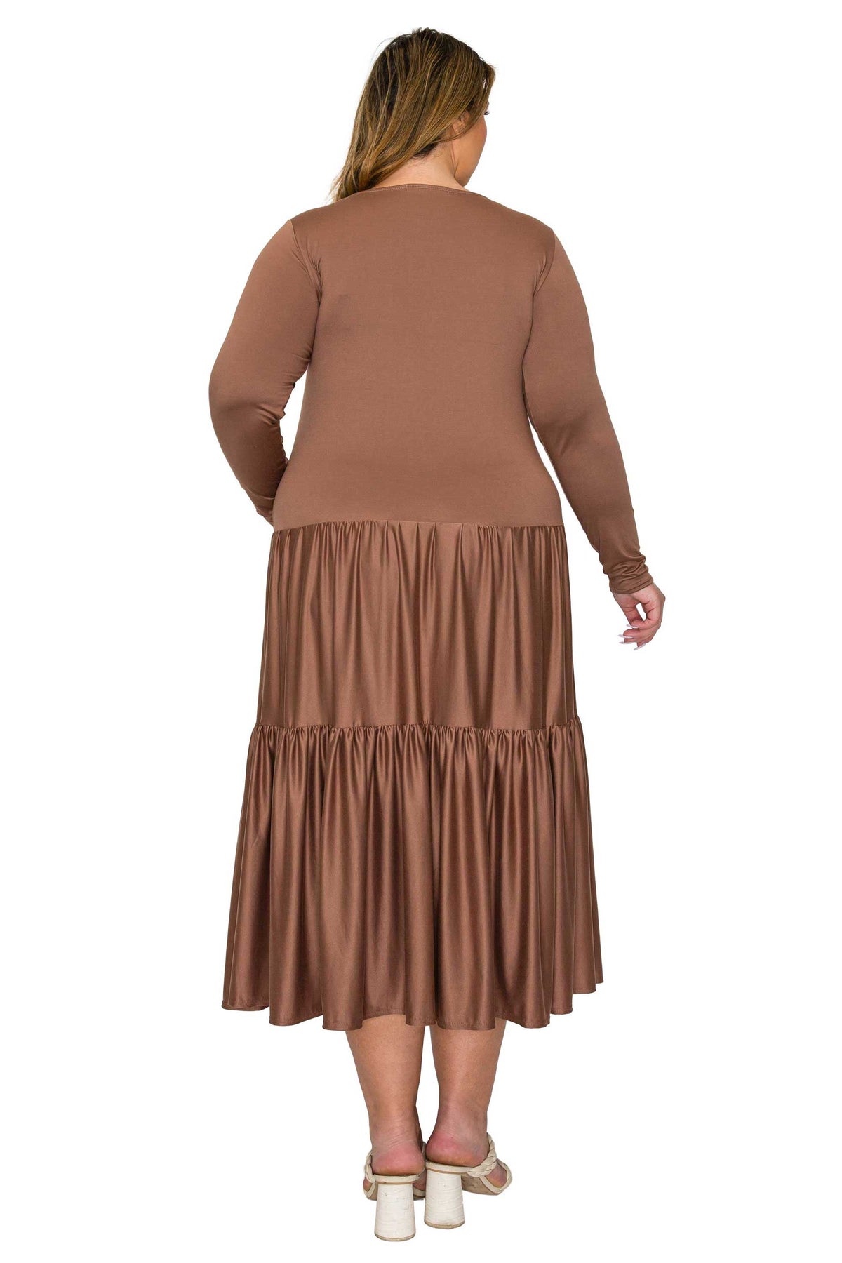 brown color a line dress with short sleeves and double tiered hem midi length, back view