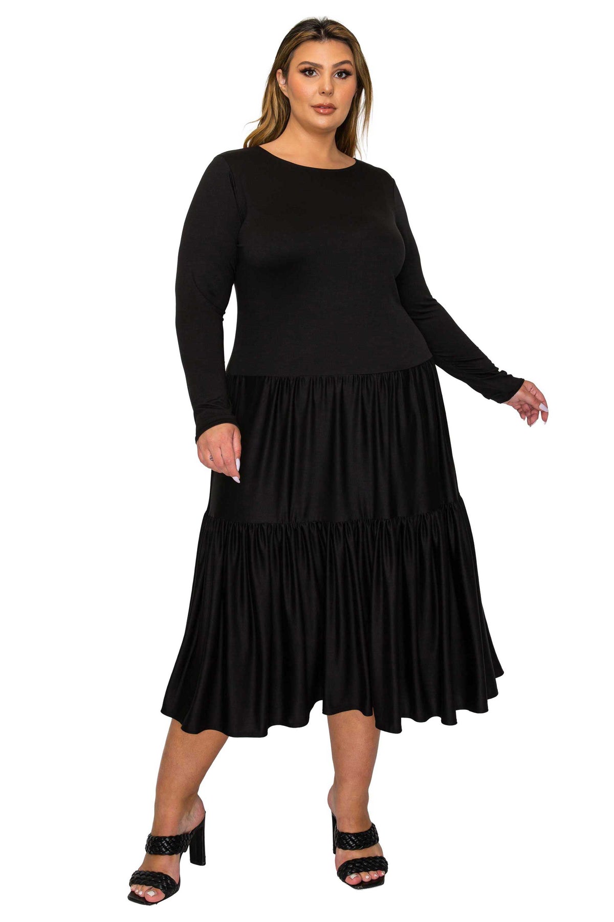 black color a line dress with short sleeves and double tiered hem midi length, front view
