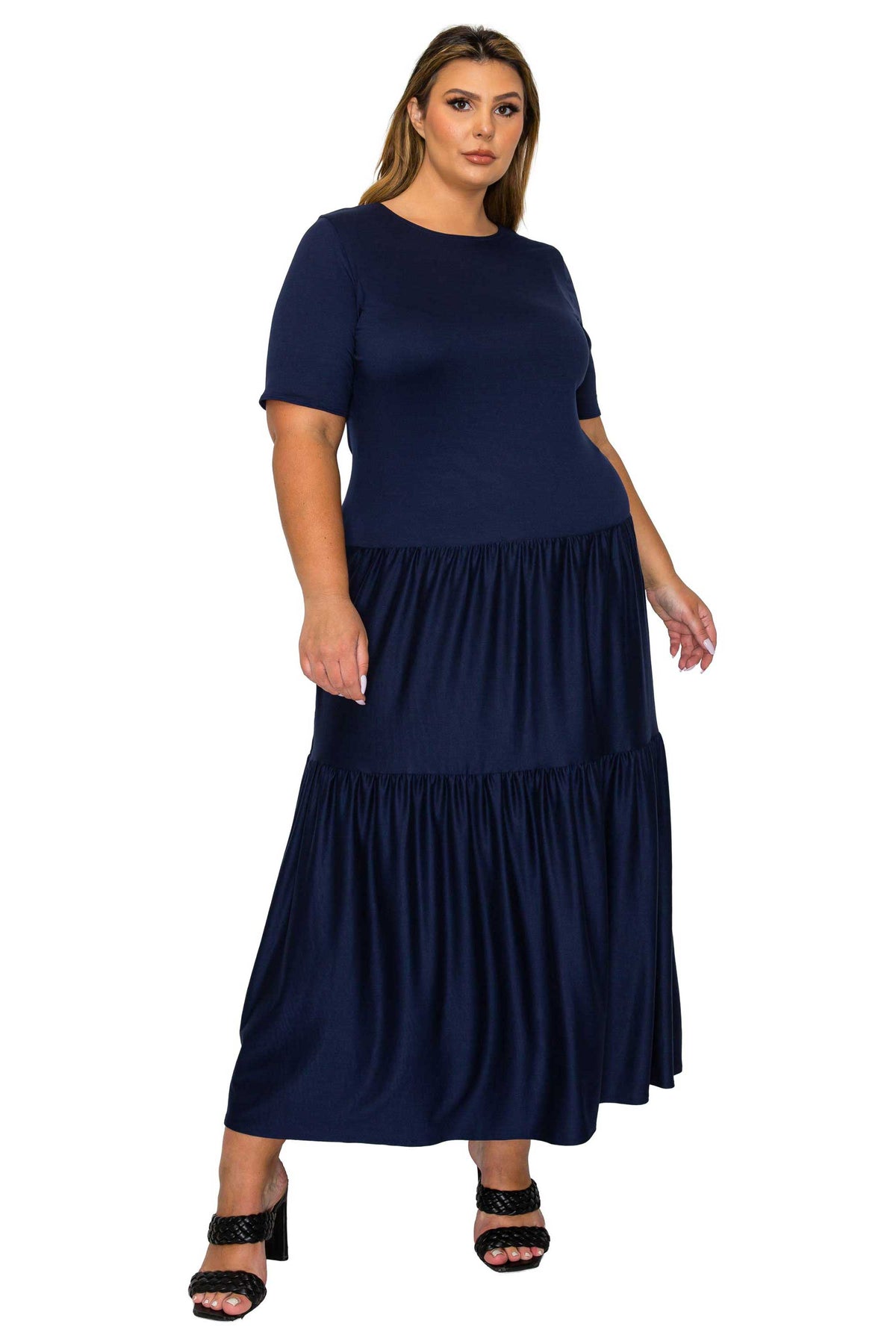 navy color a line dress with short sleeves and double tiered hem, front view