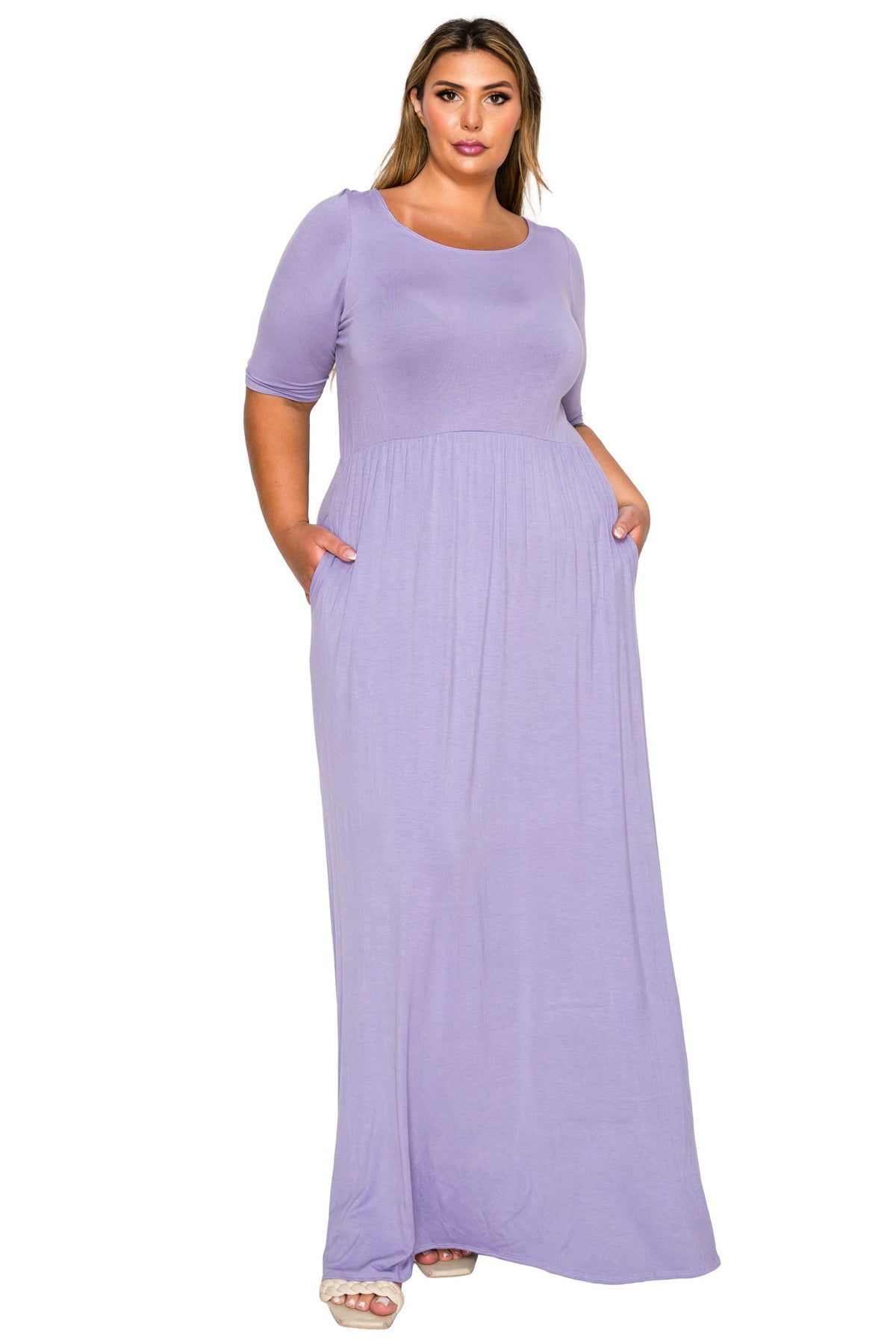 lavender purple color plus size dress scoop neck, maxi length, three quarter sleeves with pockets. front view