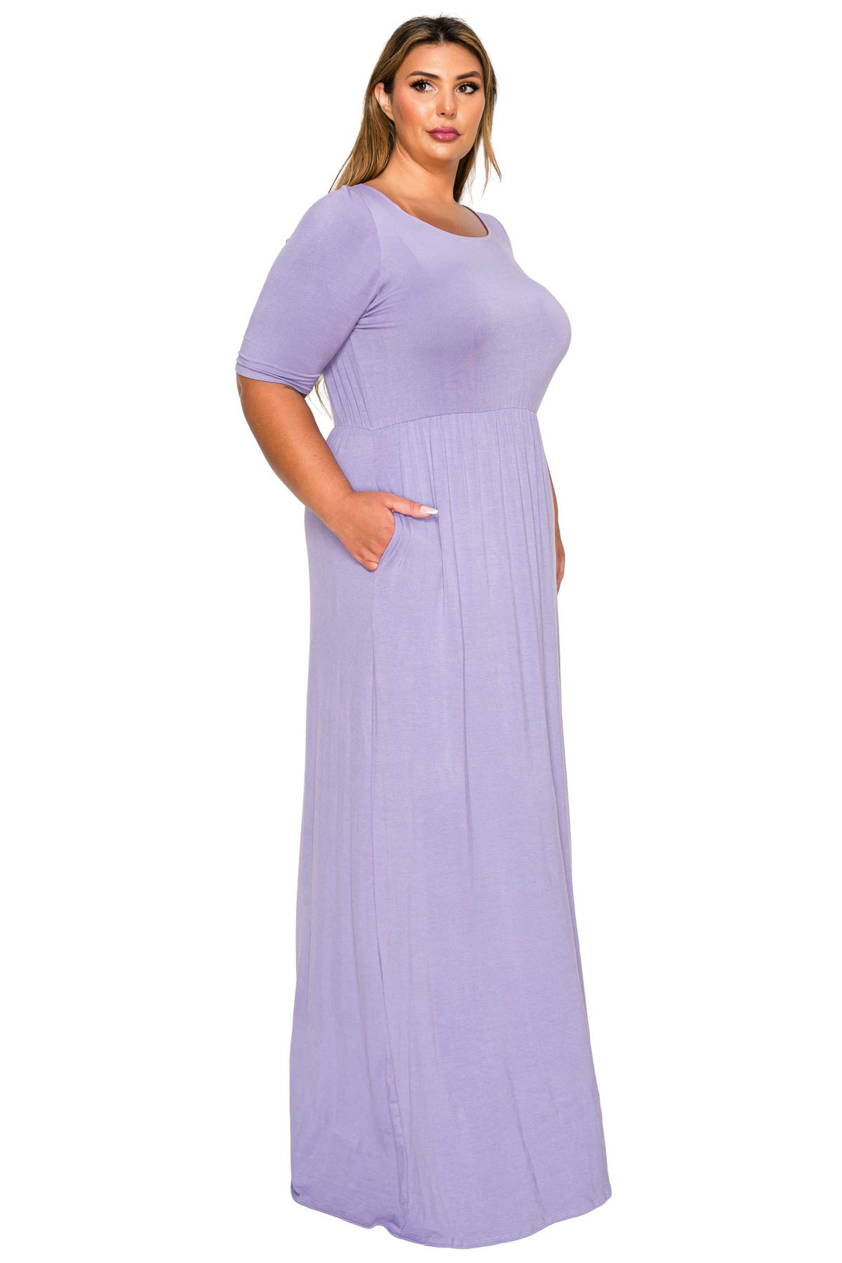 lavender purple color plus size dress scoop neck, maxi length, three quarter sleeves with pockets. side view
