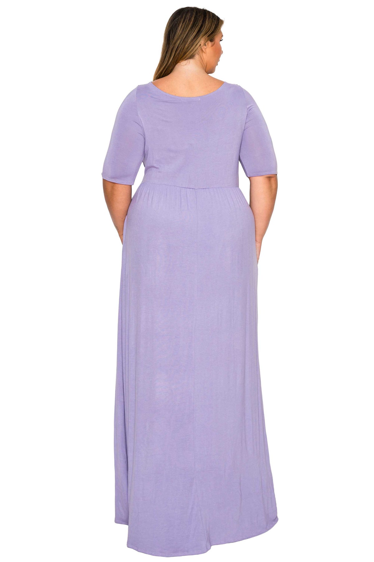 lavender purple color plus size dress scoop neck, maxi length, three quarter sleeves with pockets. back view