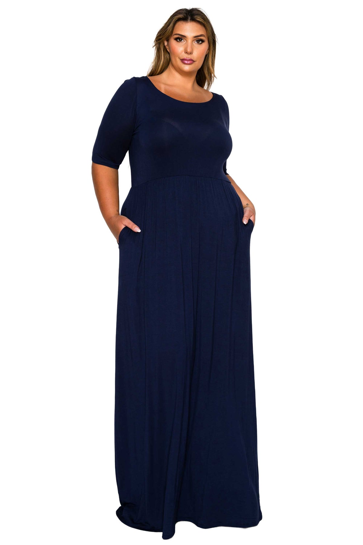 navy color plus size dress scoop neck, maxi length, three quarter sleeves with pockets. front view