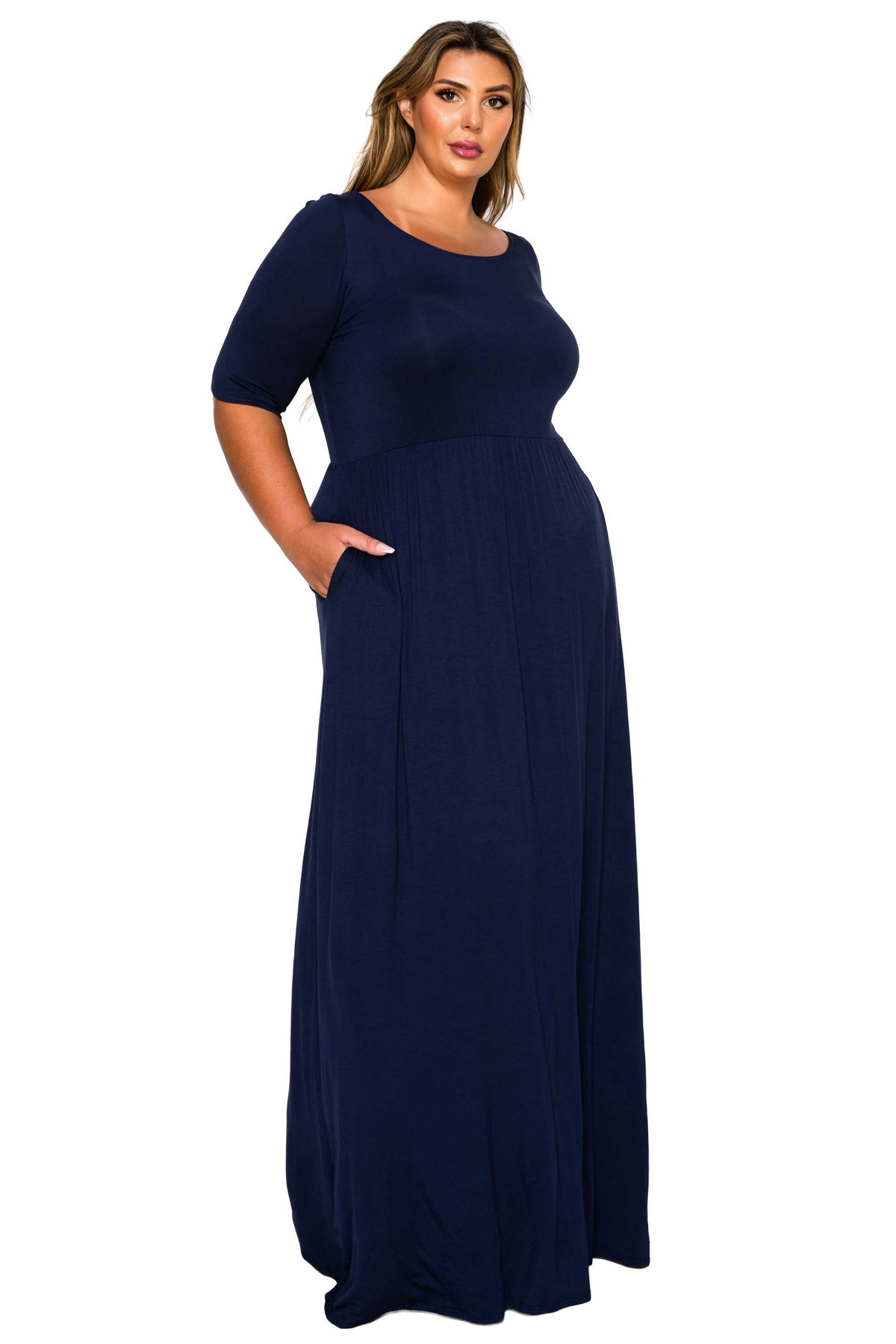 navy color plus size dress scoop neck, maxi length, three quarter sleeves with pockets. partial Side view