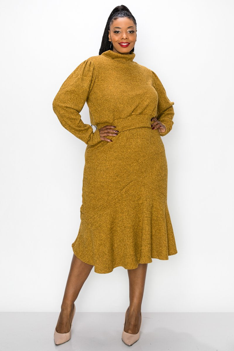 livd L I V D plus size boutique brushed hacci rib sweater top and skirt in mustard yellow