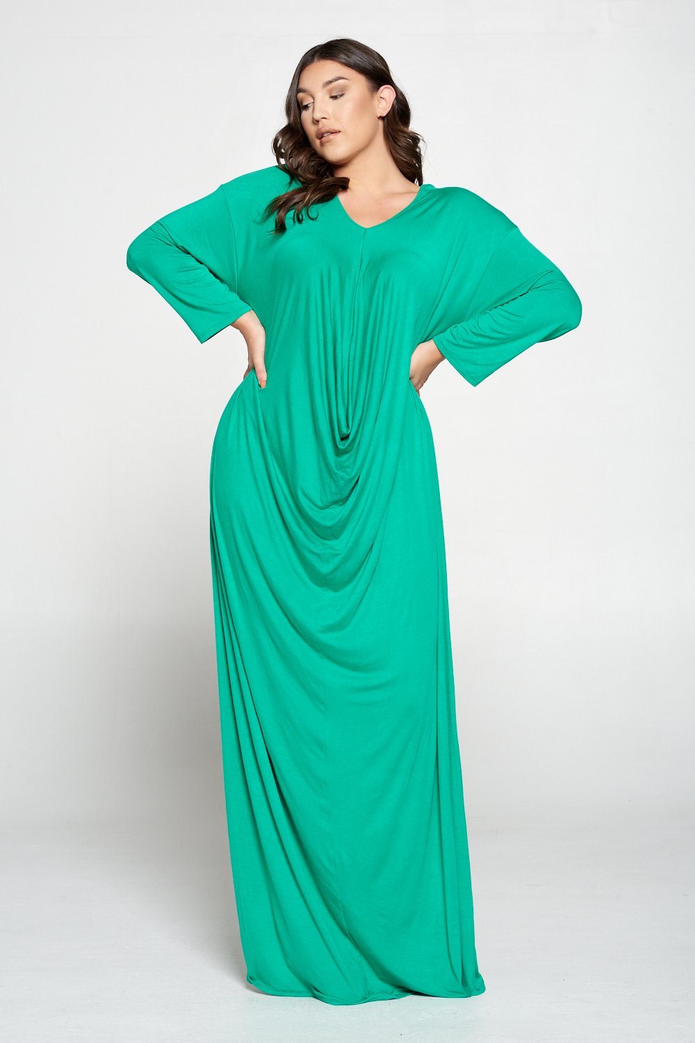 livd L I V D women's plus size fashion floor length drape dress in palm green color with long sleeves made in USA