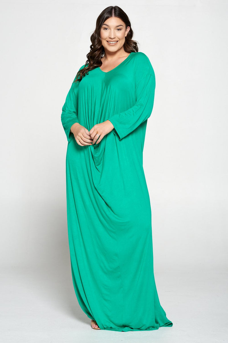 livd L I V D women's plus size fashion floor length drape dress in palm green color with long sleeves made in USA