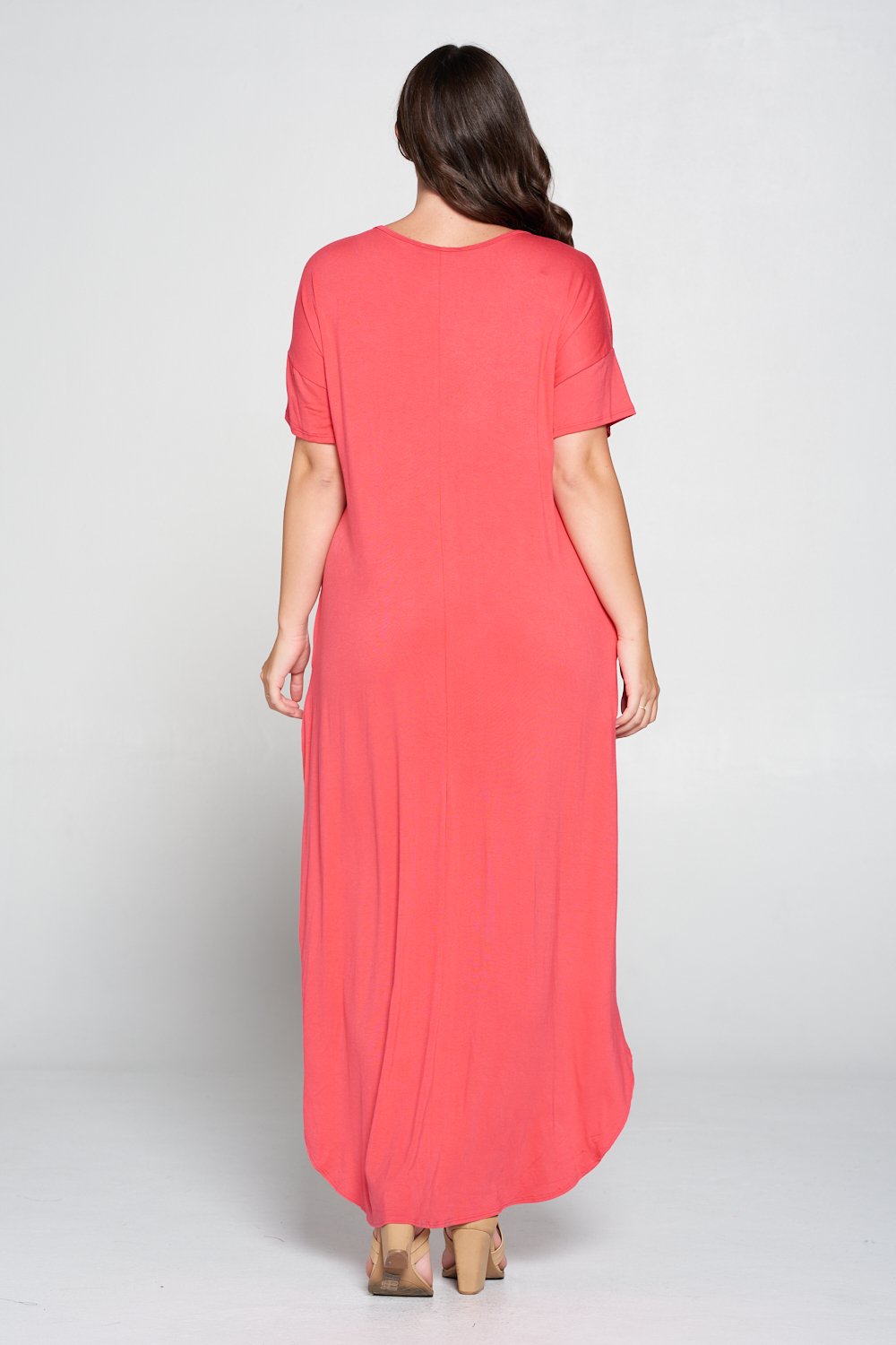 livd L I V D women's contemporary plus size clothing high low hi lo dress with pockets v neck sleeves in coral pink