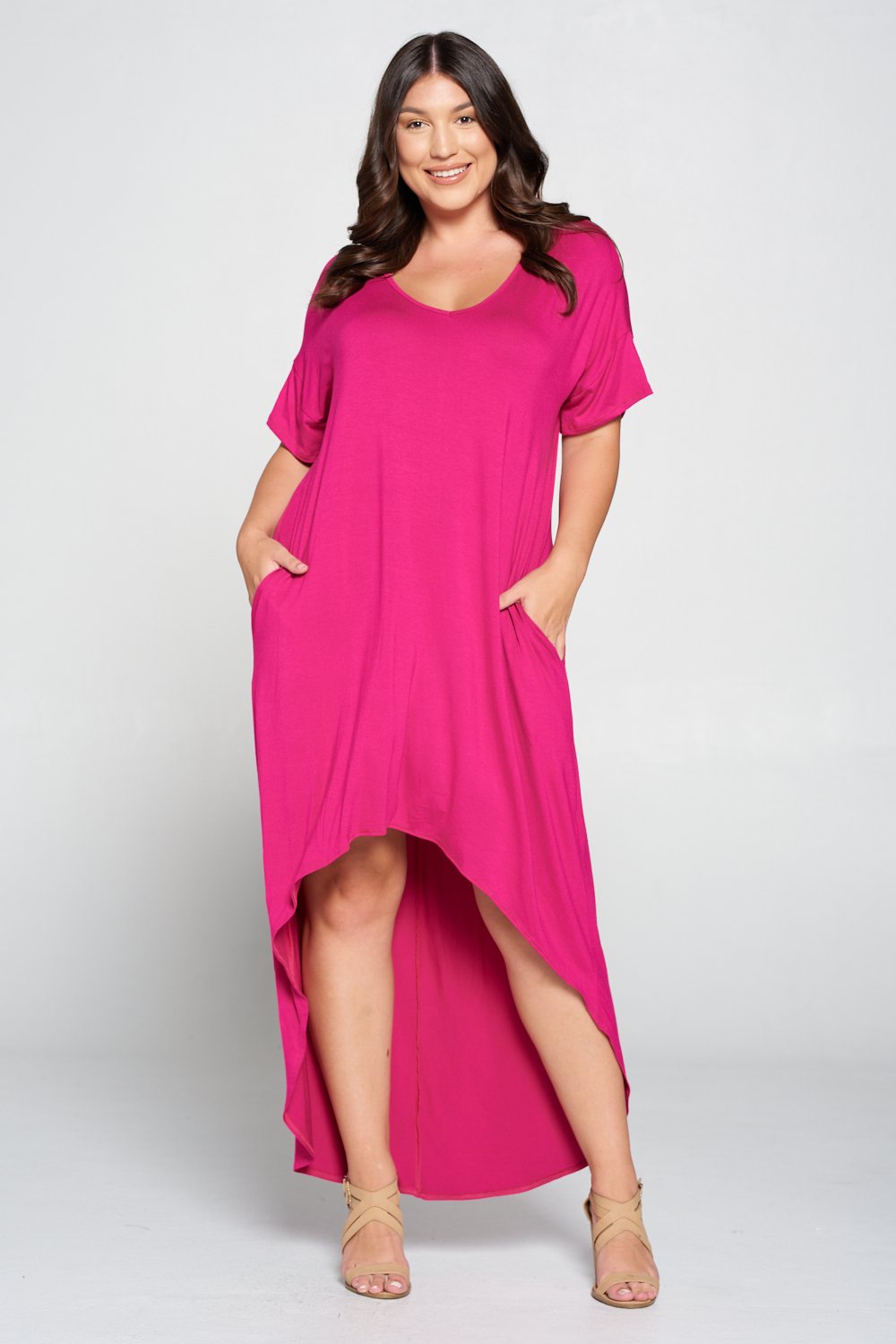 livd L I V D women's contemporary plus size clothing high low hi lo dress with pockets v neck sleeves in fuchsia mix of pink purple