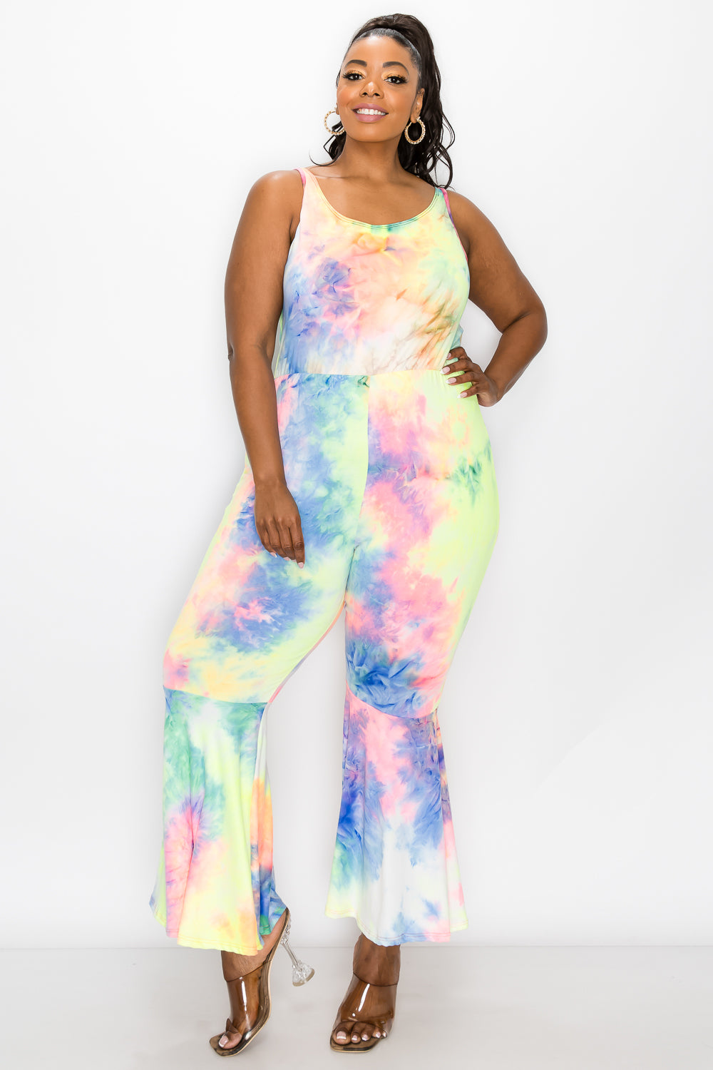 livd plus size boutique bodycon flare jumpsuit in neon yellow tie dye