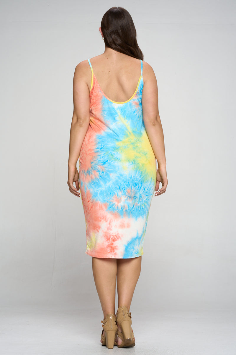 livd plus size boutique spaghetti strap midi dress in tie dye