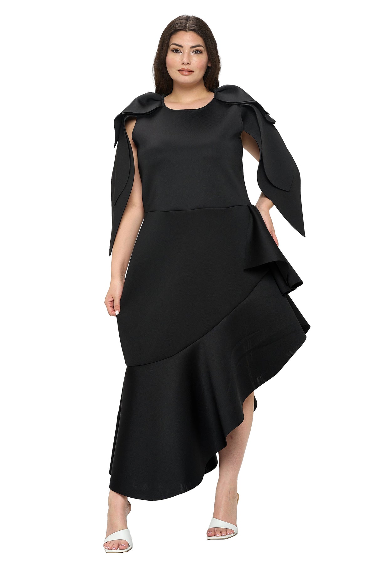 Ruffle Sleeves Neoprene Ruffle Dress Ivory Sheath Tea Length Formal Dress 09720 Jovani Ruffle Sleeves Neoprene Ruffle Dress Ivory Sheath Tea Length Formal Dress 09720 Jovani
