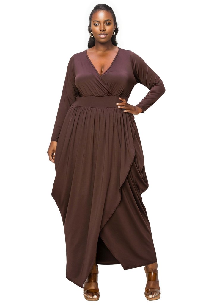 long sleeve tulip hem dress CLEARANCE- Celeste Tulip Hem Mini Wrap Dress- Champagne -