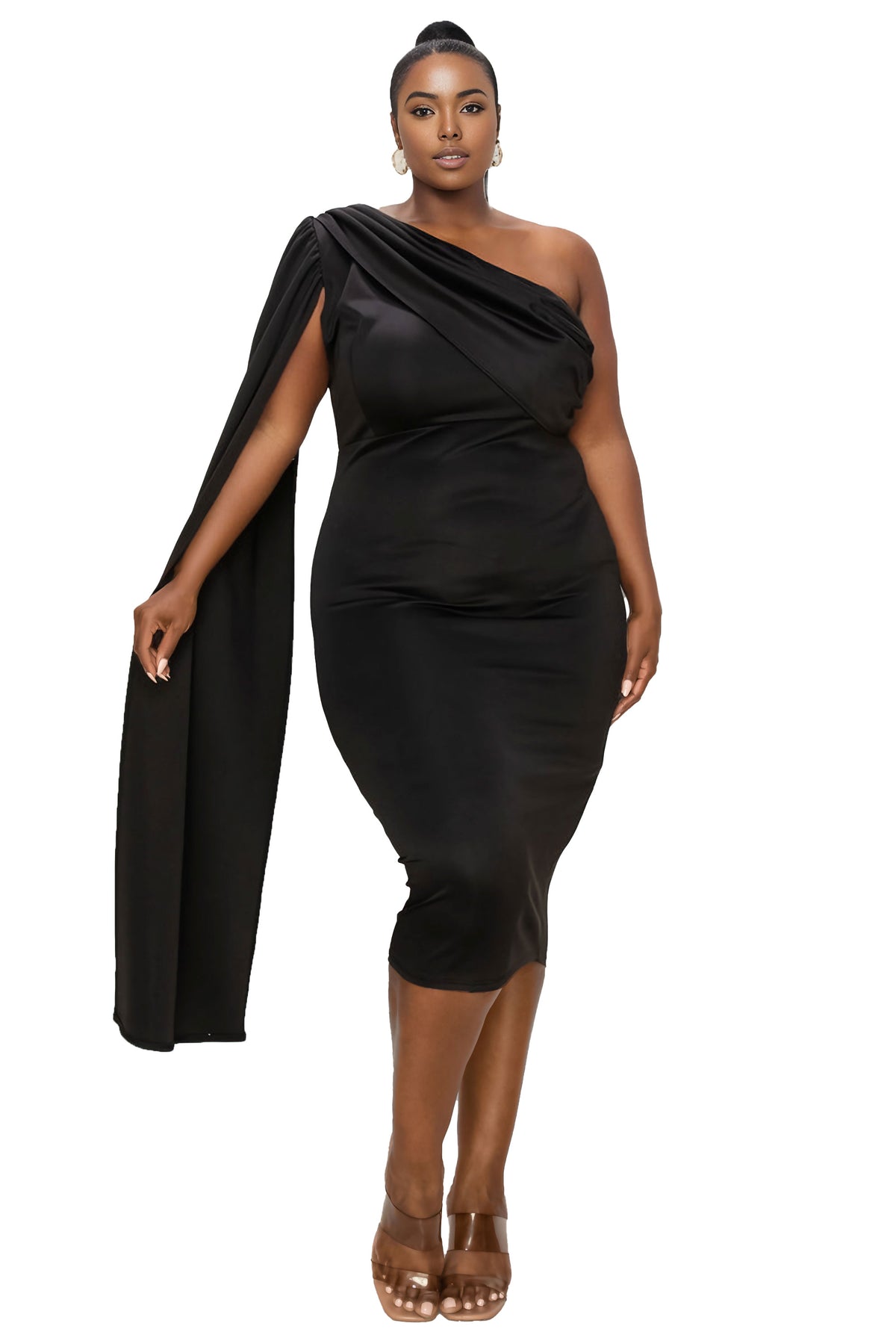 L I V D Plus Size Spade One Shoulder Cape Dress - Emerald L I V D Plus Size Spade One Shoulder Cape Dress - Emerald