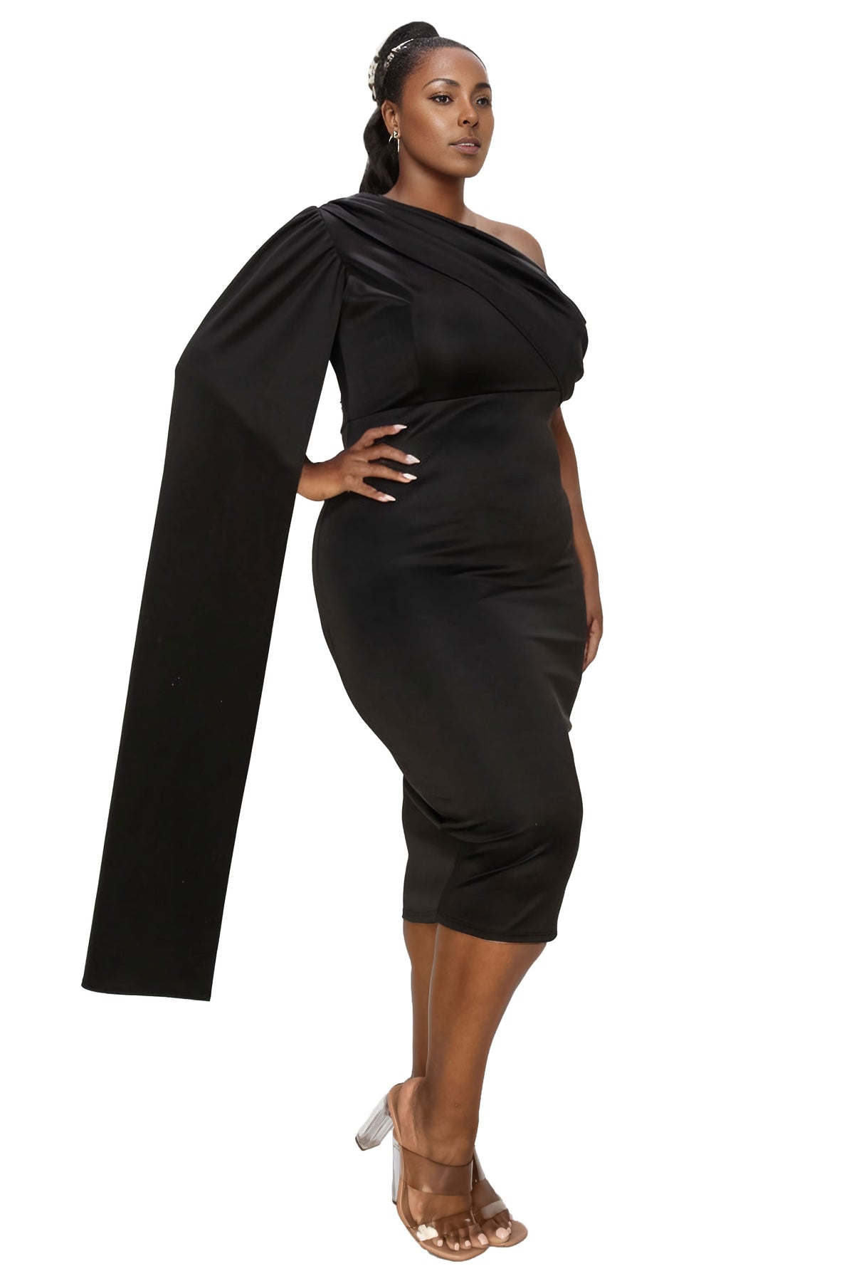 L I V D Plus Size Spade One Shoulder Cape Dress - Royal L I V D Plus Size Spade One Shoulder Cape Dress - Royal