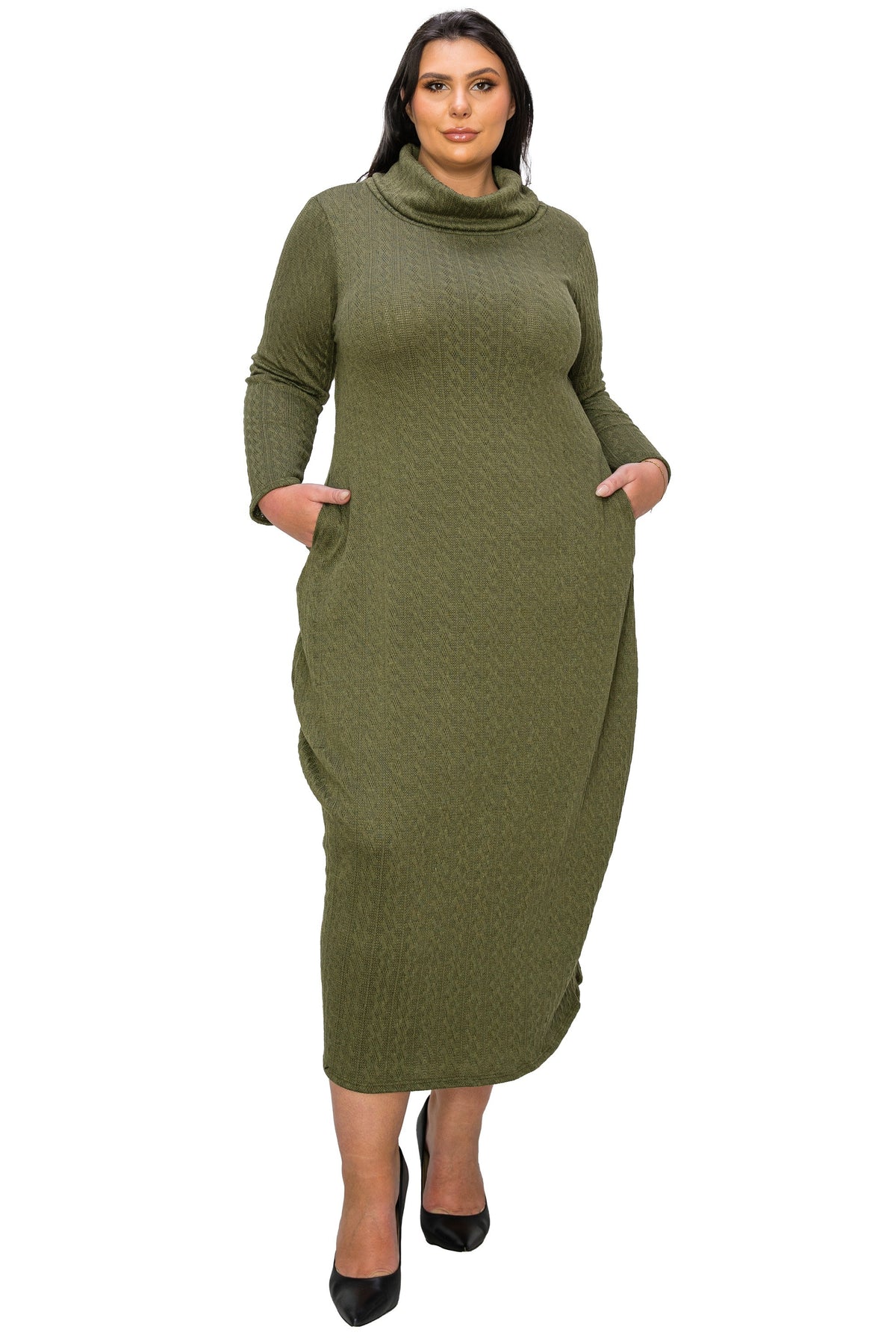 L I V D Plus Size Lana Cowl Turtle Neck Pocket Sweater Dress - Olive L I V D Plus Size Lana Cowl Turtle Neck Pocket Sweater Dress - Olive