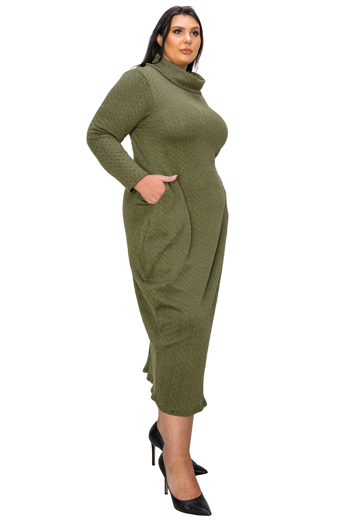 L I V D Plus Size Lana Cowl Turtle Neck Pocket Sweater Dress - Olive L I V D Plus Size Lana Cowl Turtle Neck Pocket Sweater Dress - Olive