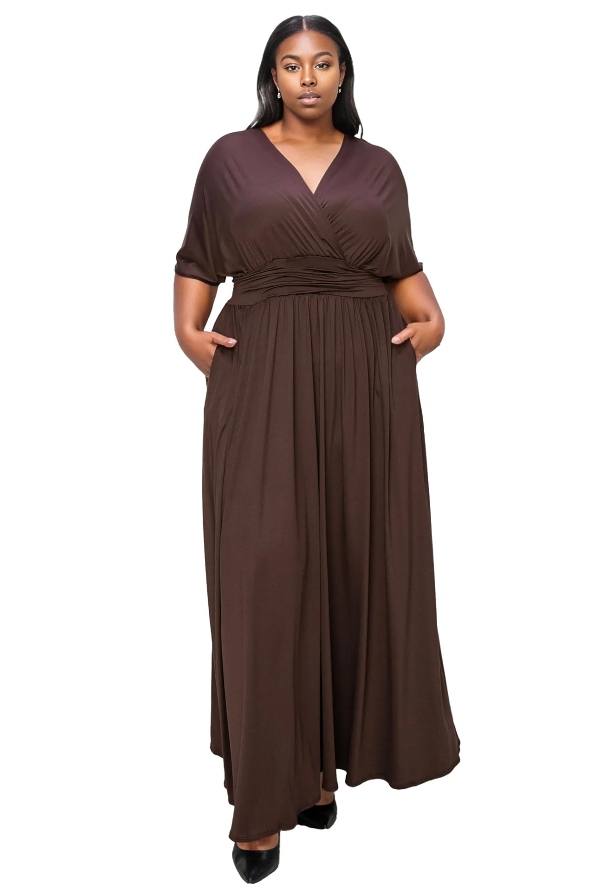 L I V D Plus Size Raffi Empire Waist Pocket Maxi Dress - Brown L I V D Plus Size Raffi Empire Waist Pocket Maxi Dress - Brown