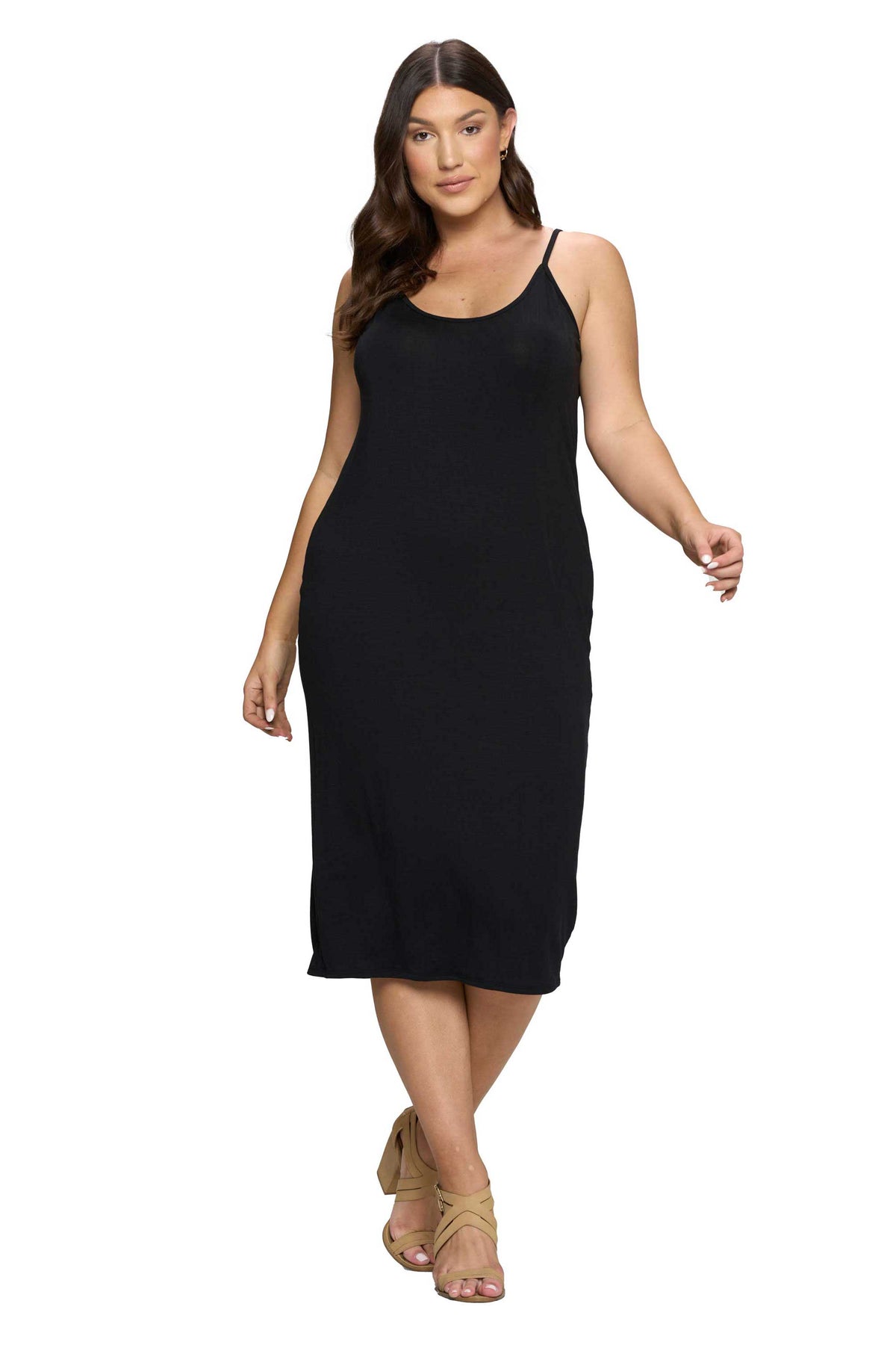 livd plus size boutique spaghetti strap midi dress in black