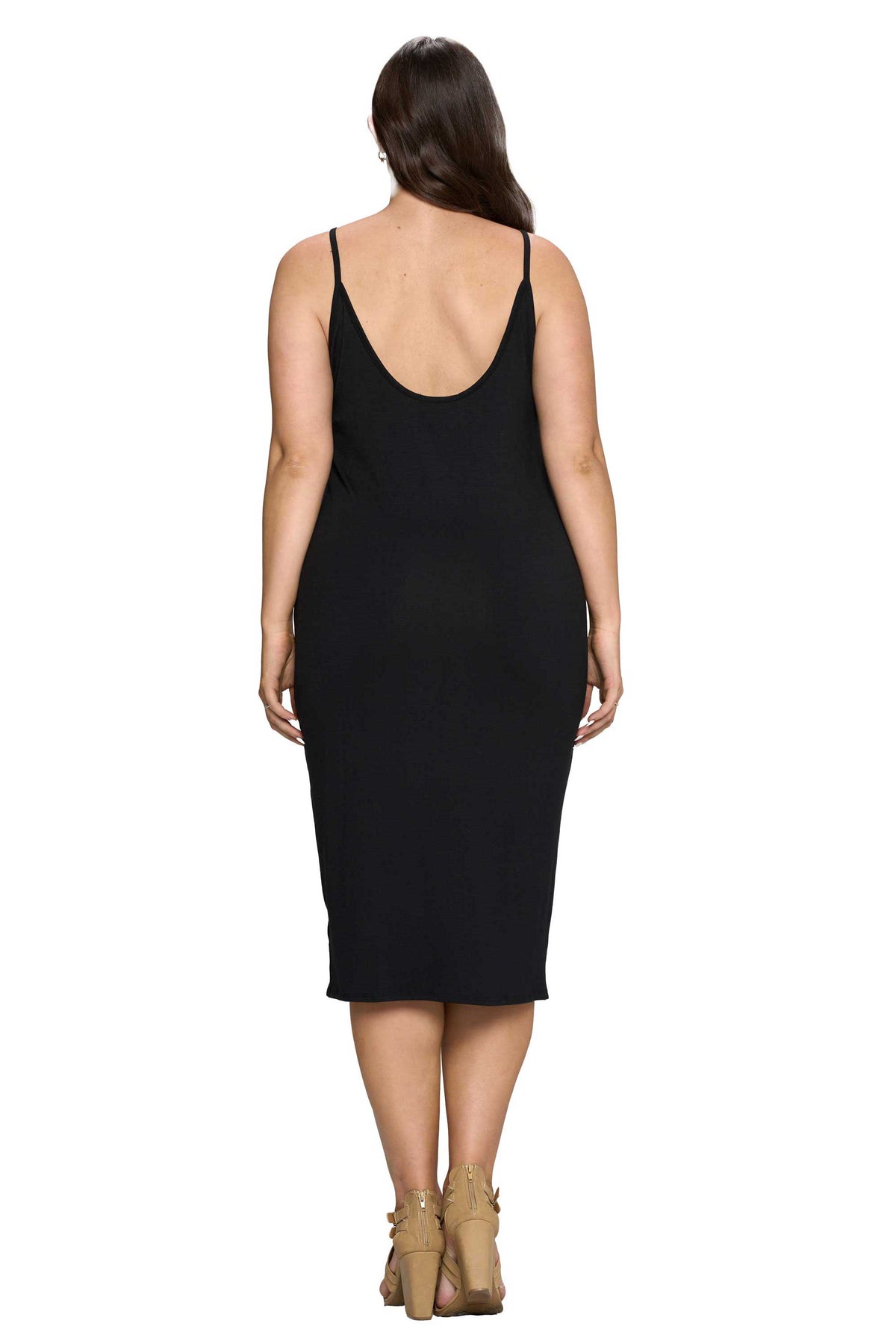 livd plus size boutique spaghetti strap midi dress in black