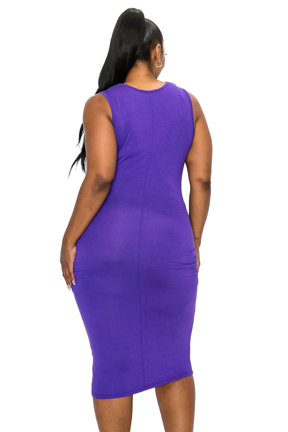 livd L I V D women's contemporary affordable trendy plus size clothing midi dress with neck cowl and hip ruching sleeveless in eggplant purple