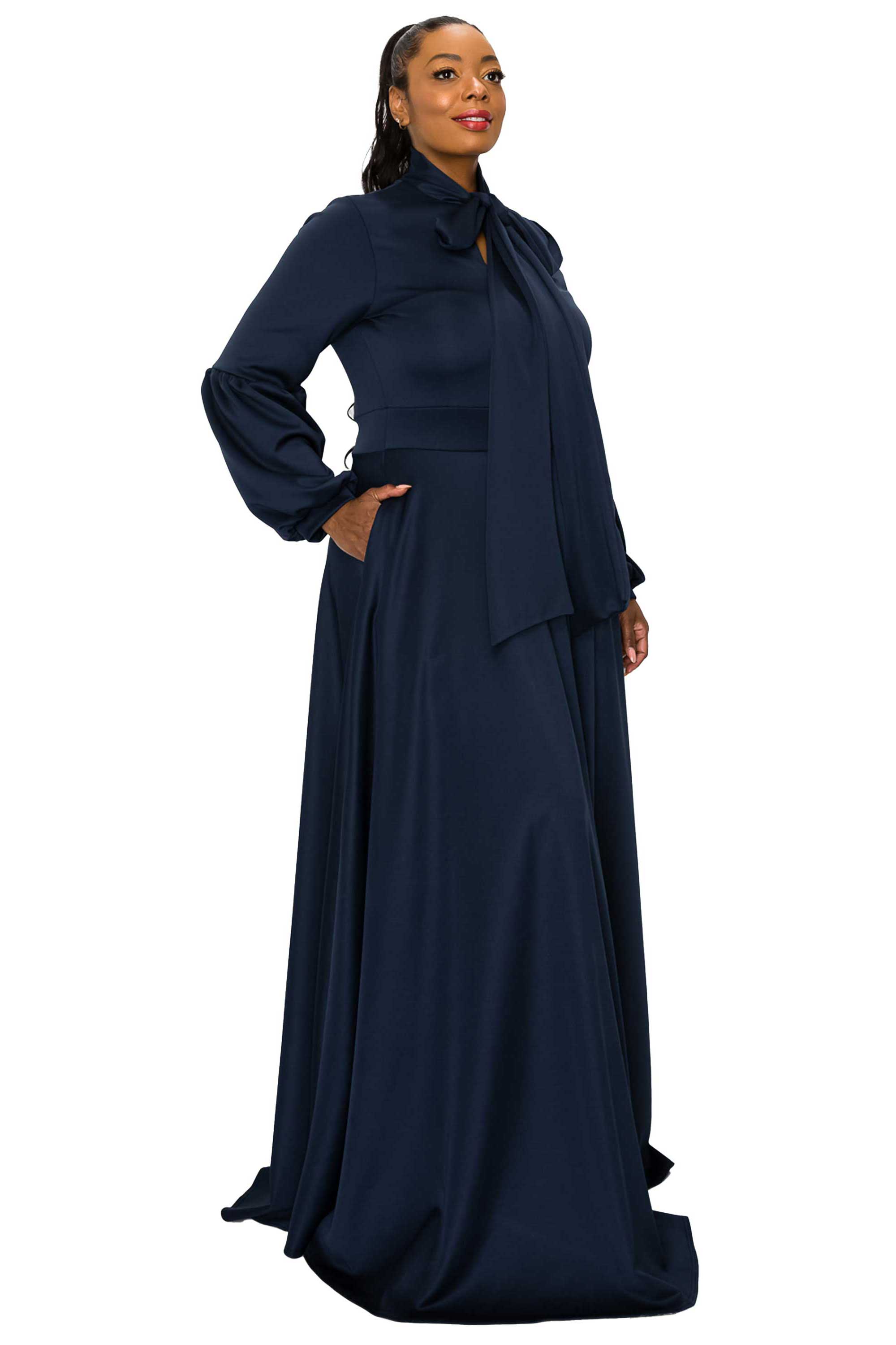 Plus Size Bella Donna Dress with Ribbon and Bishop Sleeves – L I V D
