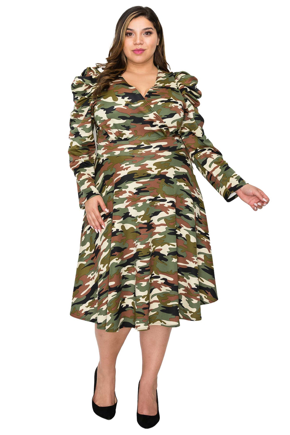 Camo Statement Shoulder Midi Flare Dress - L I V D