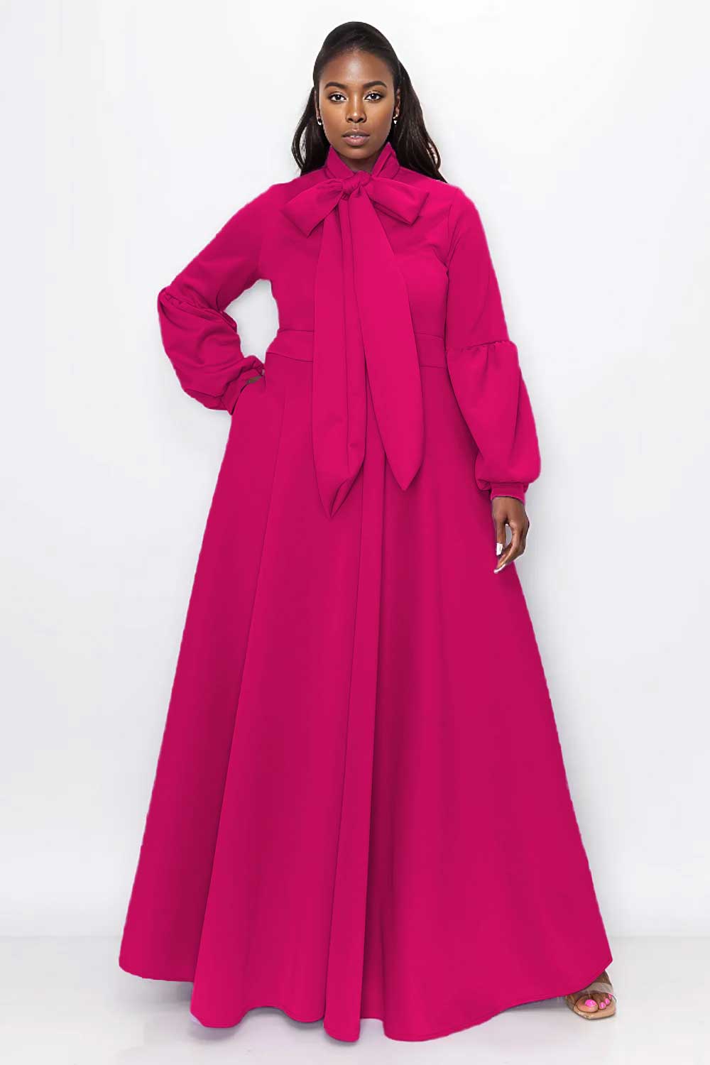 Plus Size Bella Donna Dress with Ribbon and Bishop Sleeves – L I V D