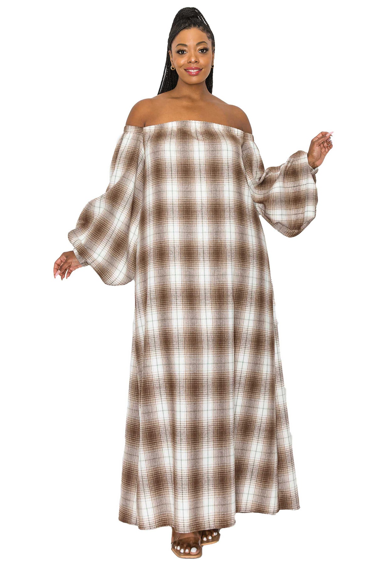 maxi flannel dress womens KJP Women's Apple Cinnamon Long Sleeve Flannel Belted Maxi Dress Kiel James Patrick