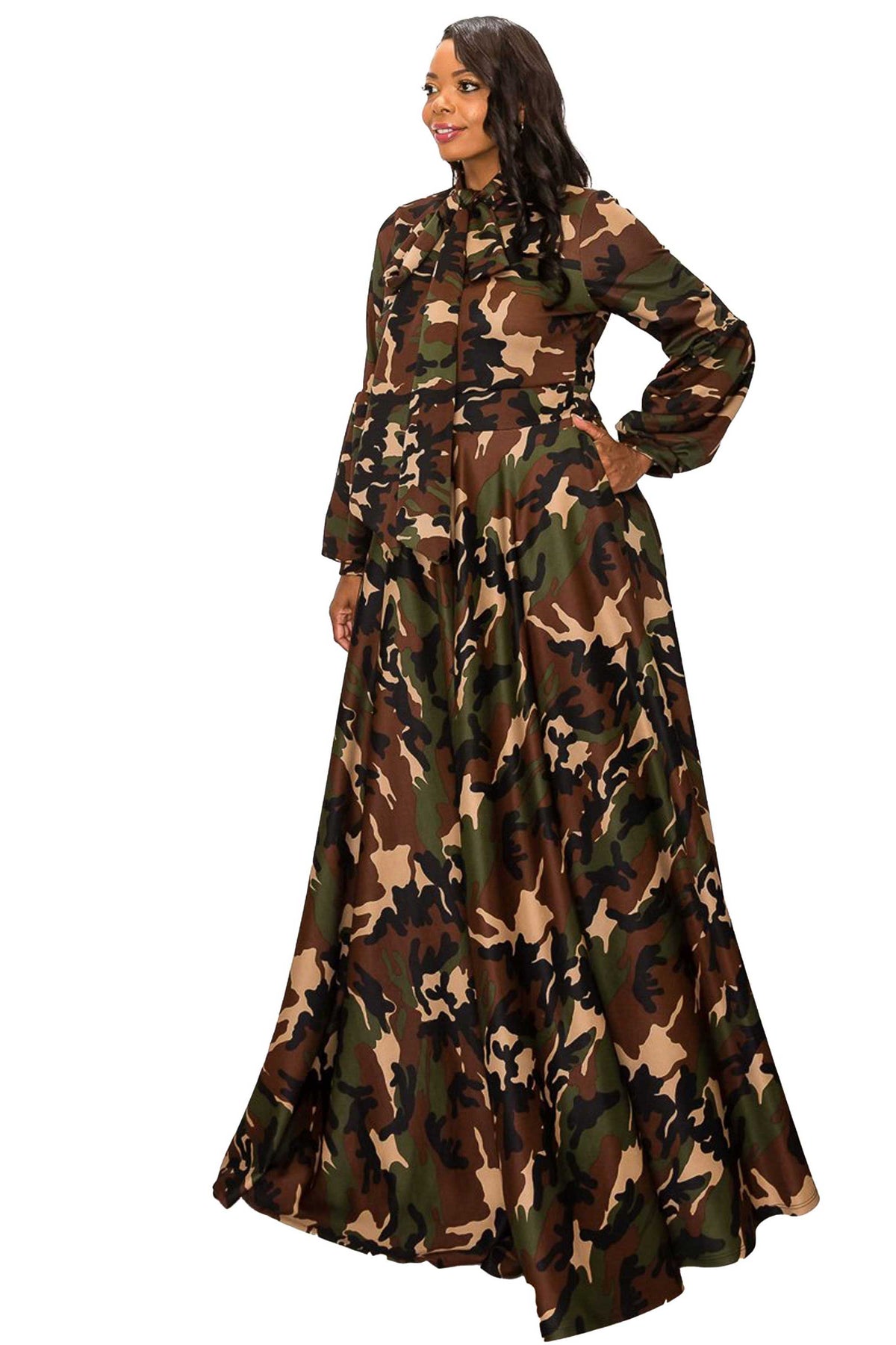 Camo Bella Donna Dress with Ribbon and Puffed Out Sleeves