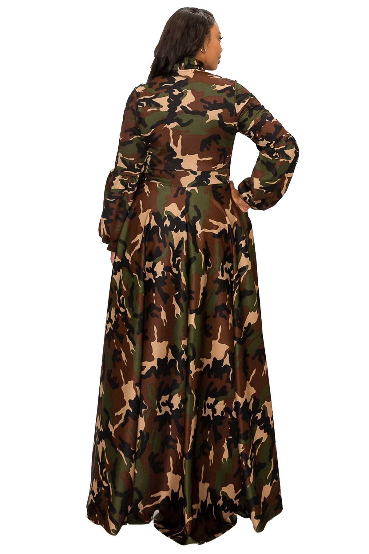 Camo Bella Donna Dress with Ribbon and Puffed Out Sleeves