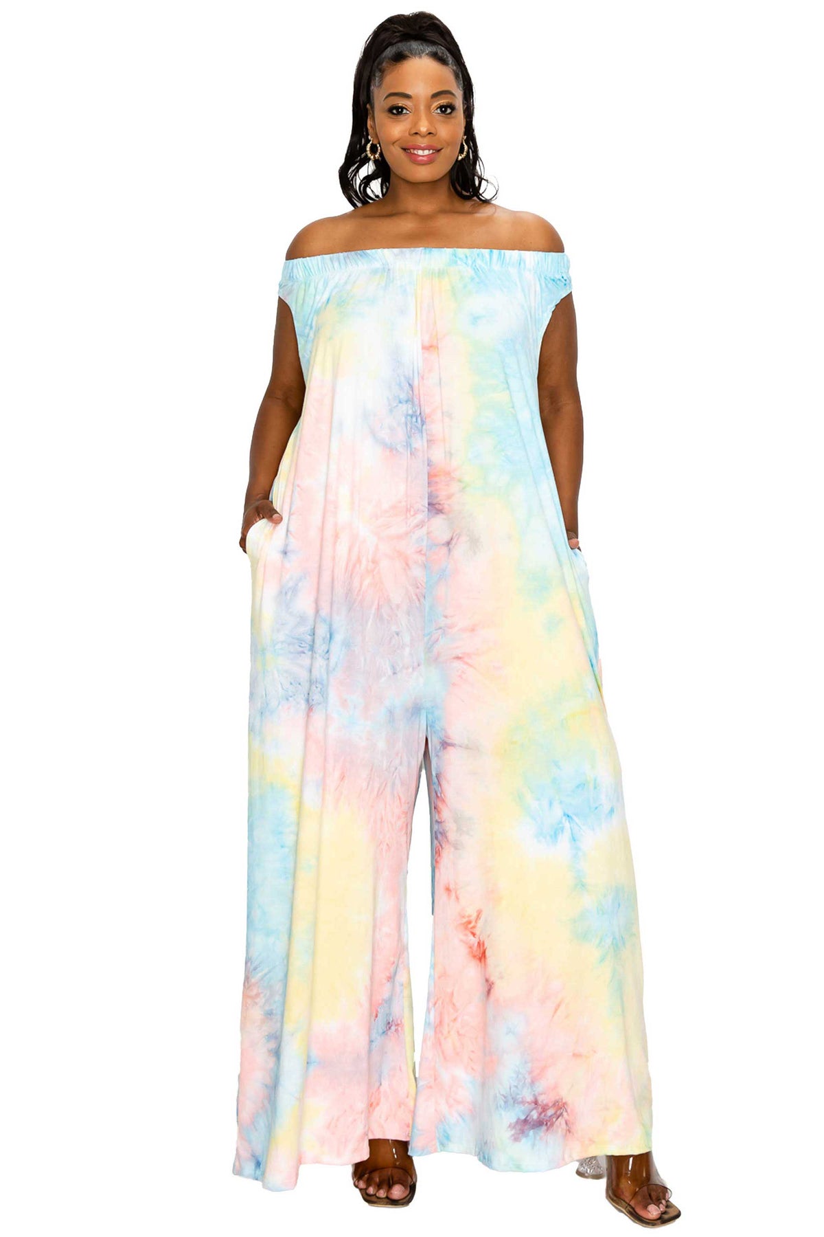 Tie Dye Off Shoulder Pocket Jumpsuit - L I V D