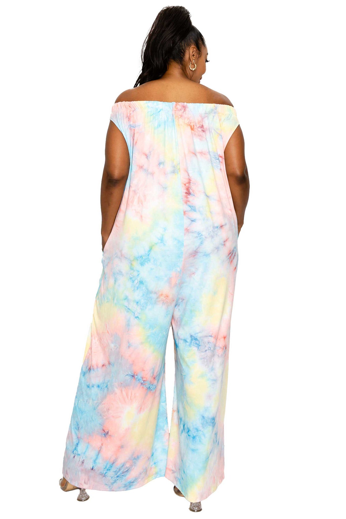 Tie Dye Off Shoulder Pocket Jumpsuit - L I V D