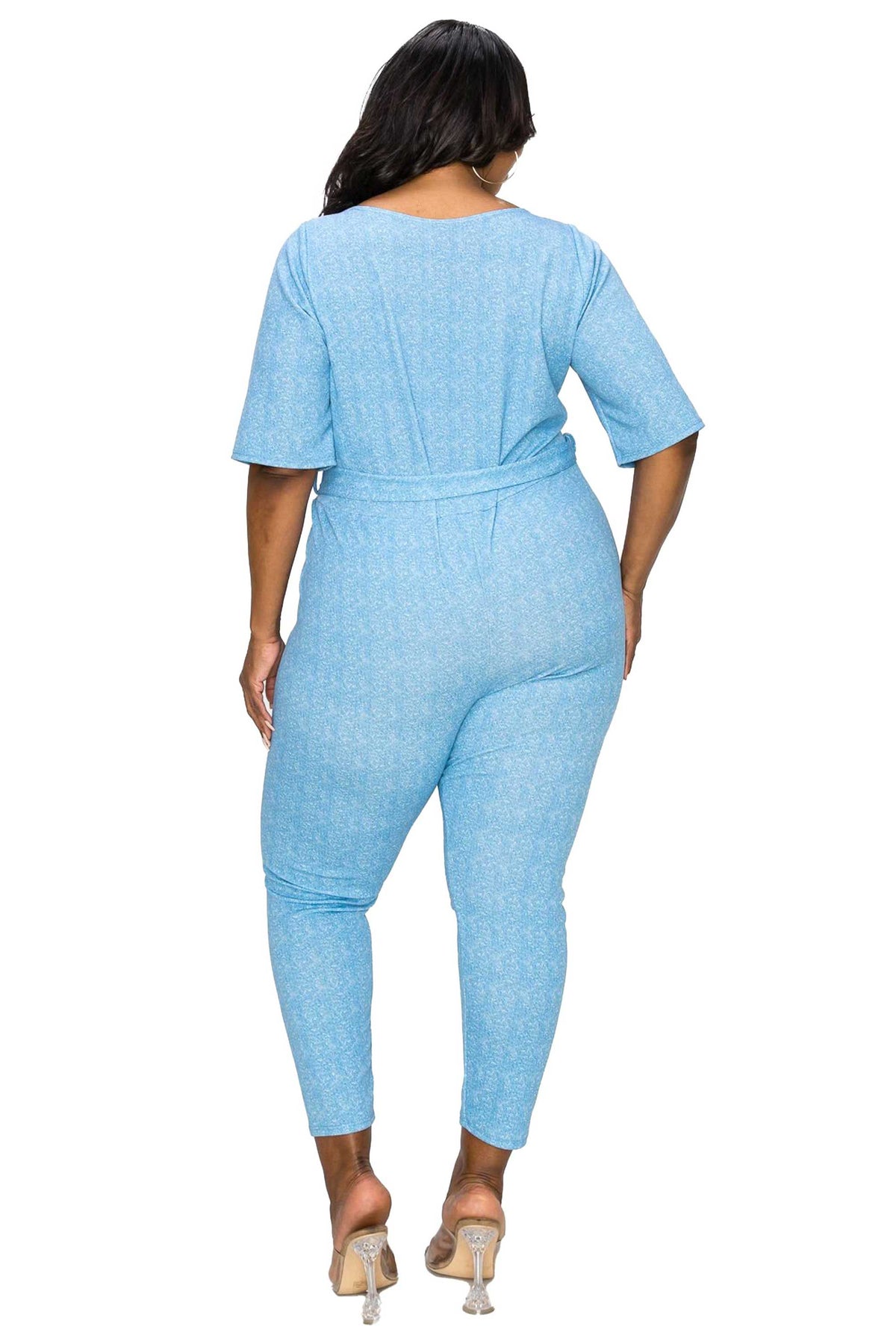 livd apparel plus size boutique contemporary wrap denim jumpsuit waist tie pockets in navy blue