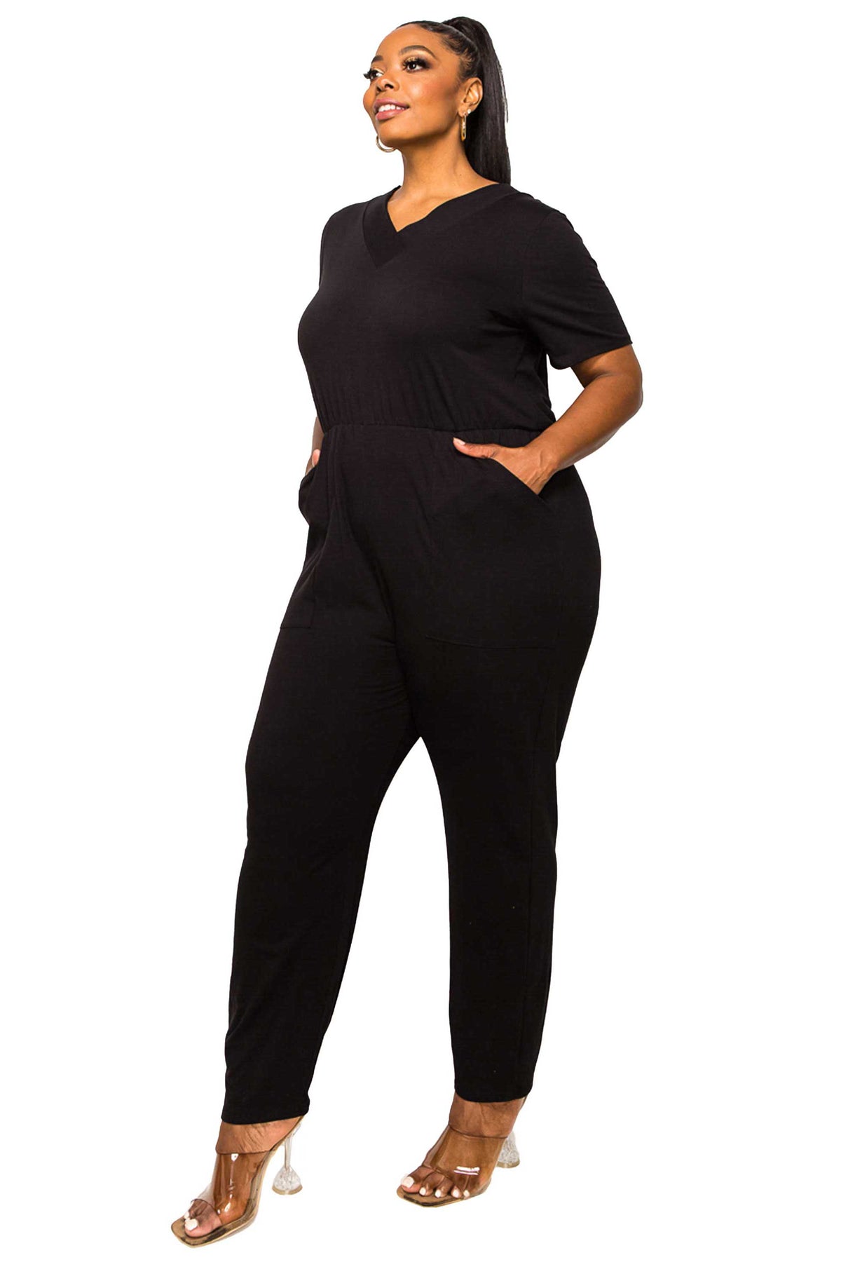 livd plus size boutique v neck pocket jumpsuit cotton in black