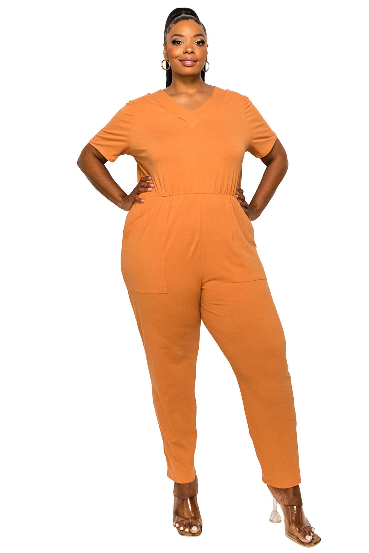 livd plus size boutique v neck pocket jumpsuit cotton in clay