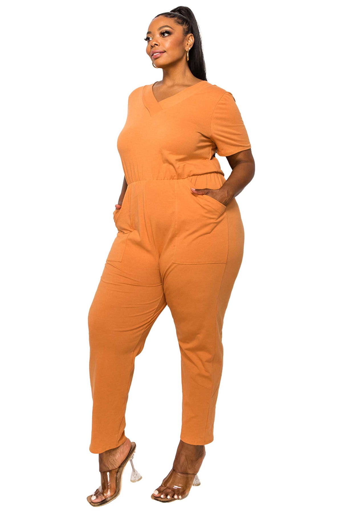 livd plus size boutique v neck pocket jumpsuit cotton in clay