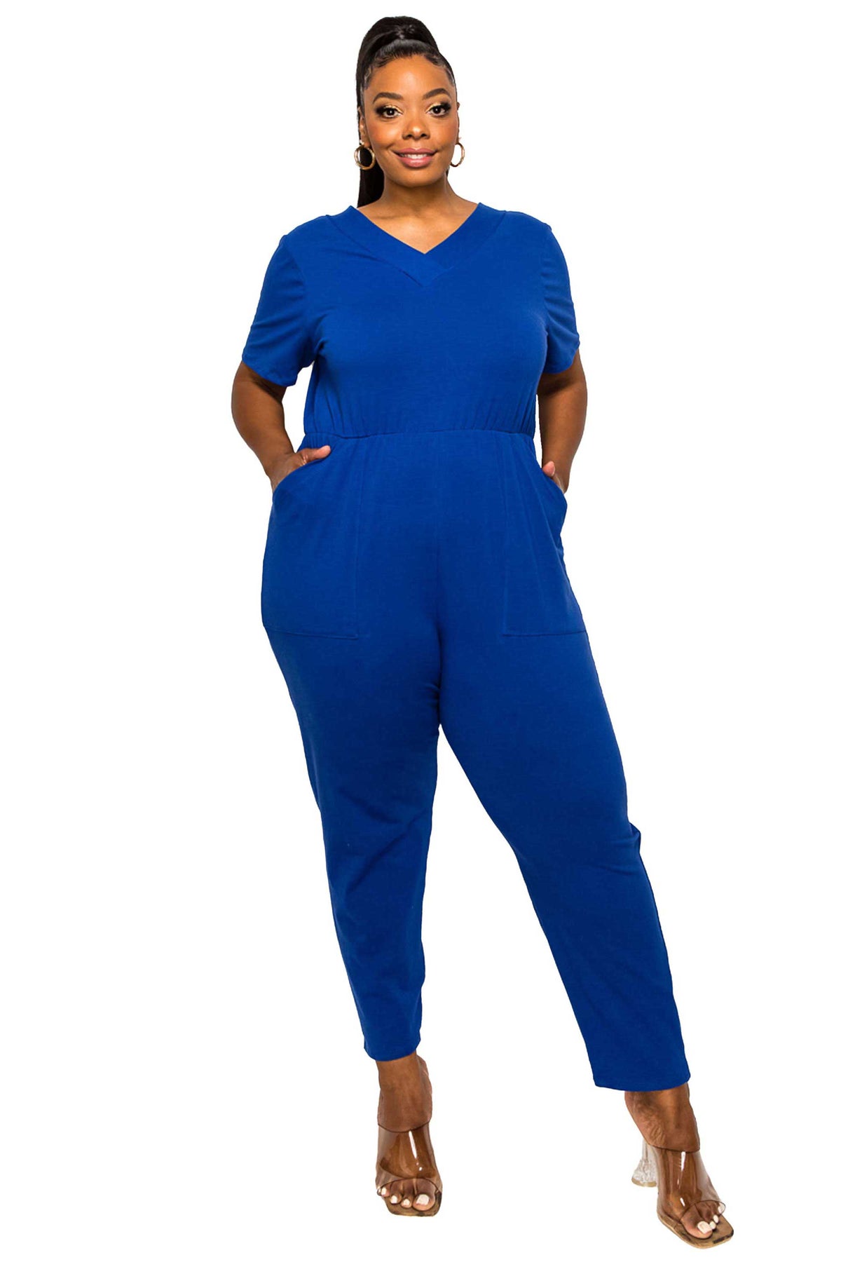 livd plus size boutique v neck pocket jumpsuit cotton in royal