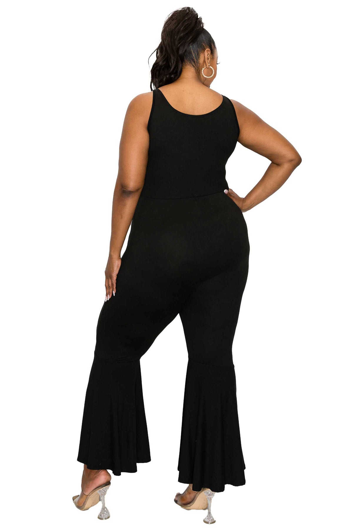 livd plus size boutique bodycon flare jumpsuit in black