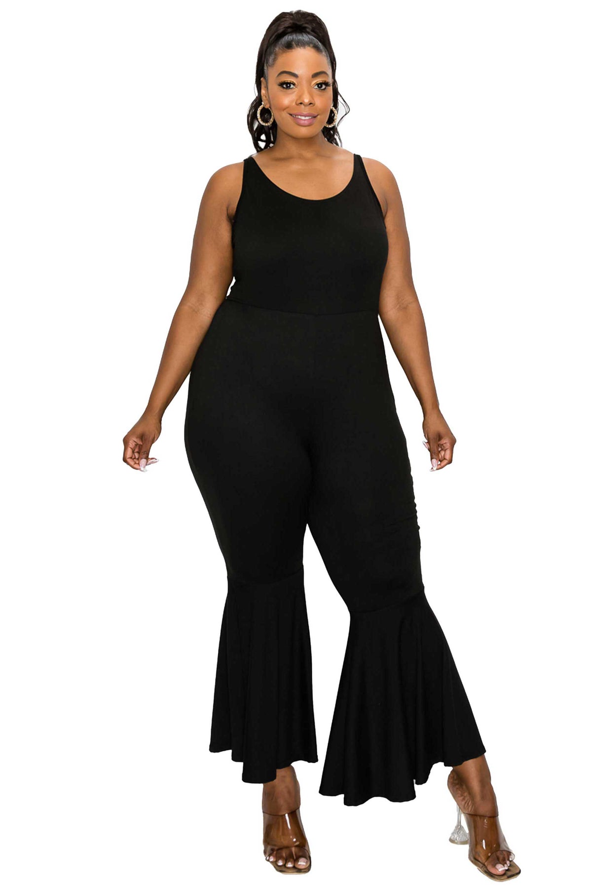 livd plus size boutique bodycon flare jumpsuit in black