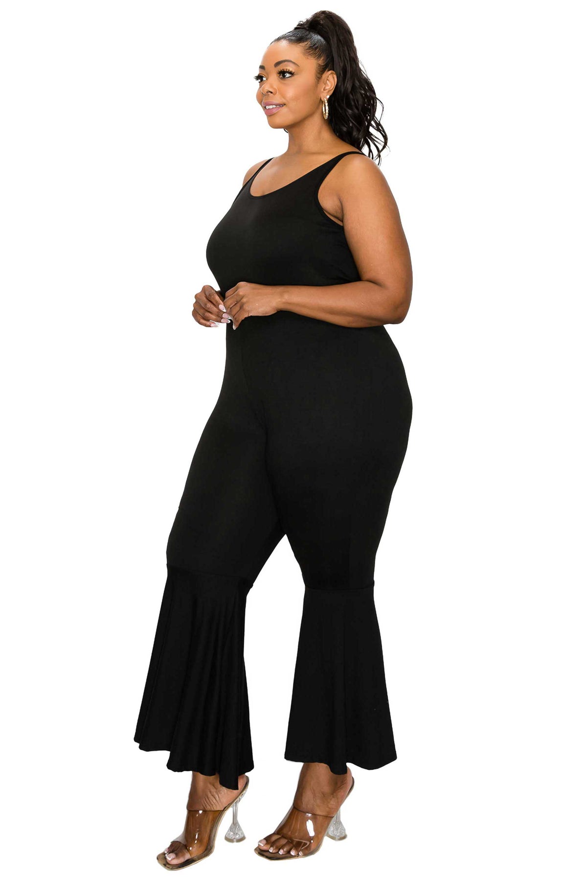 livd plus size boutique bodycon flare jumpsuit in black