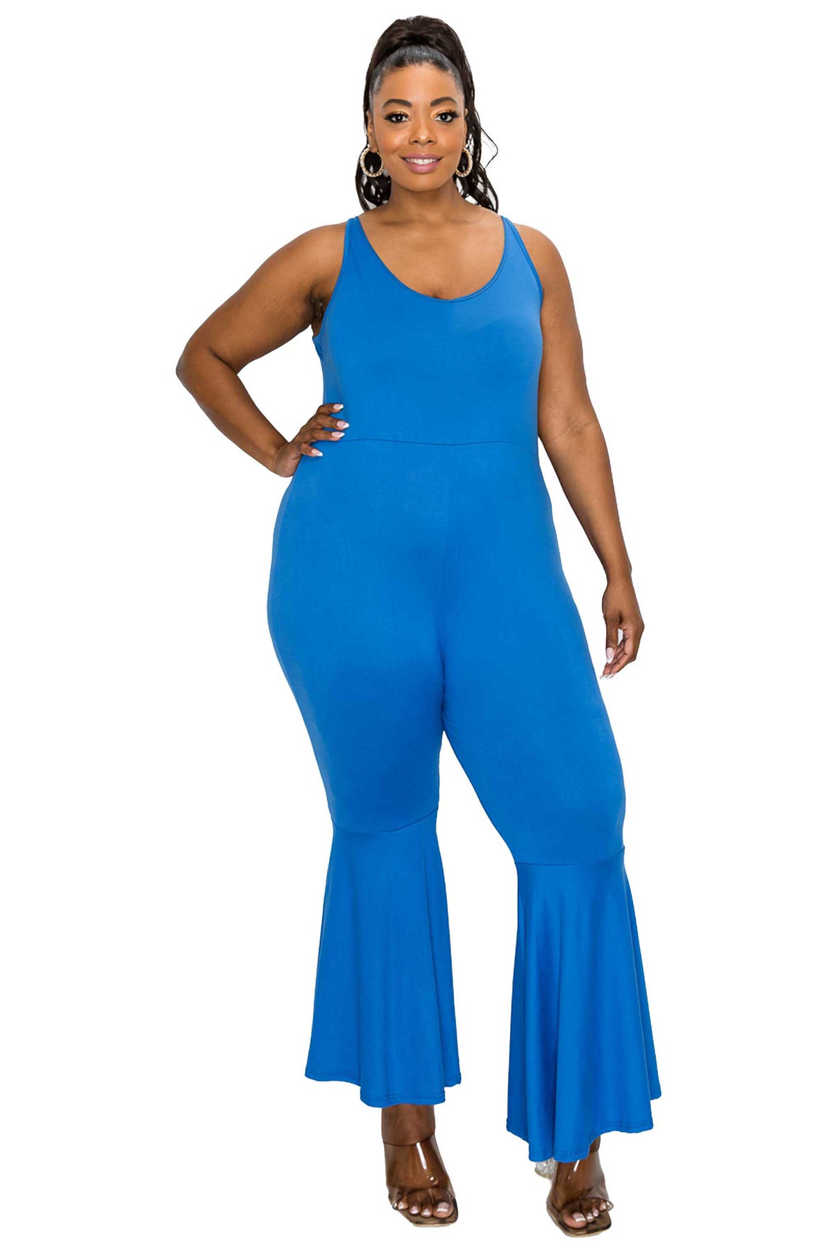 livd plus size boutique bodycon flare jumpsuit in cobalt blue