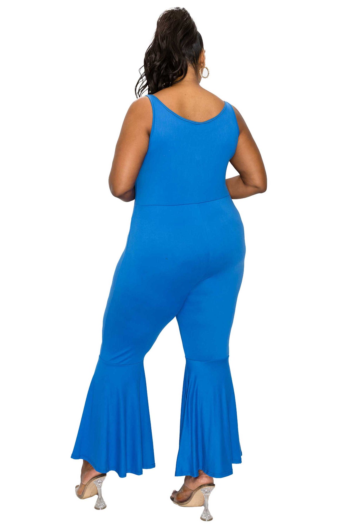 livd plus size boutique bodycon flare jumpsuit in cobalt blue