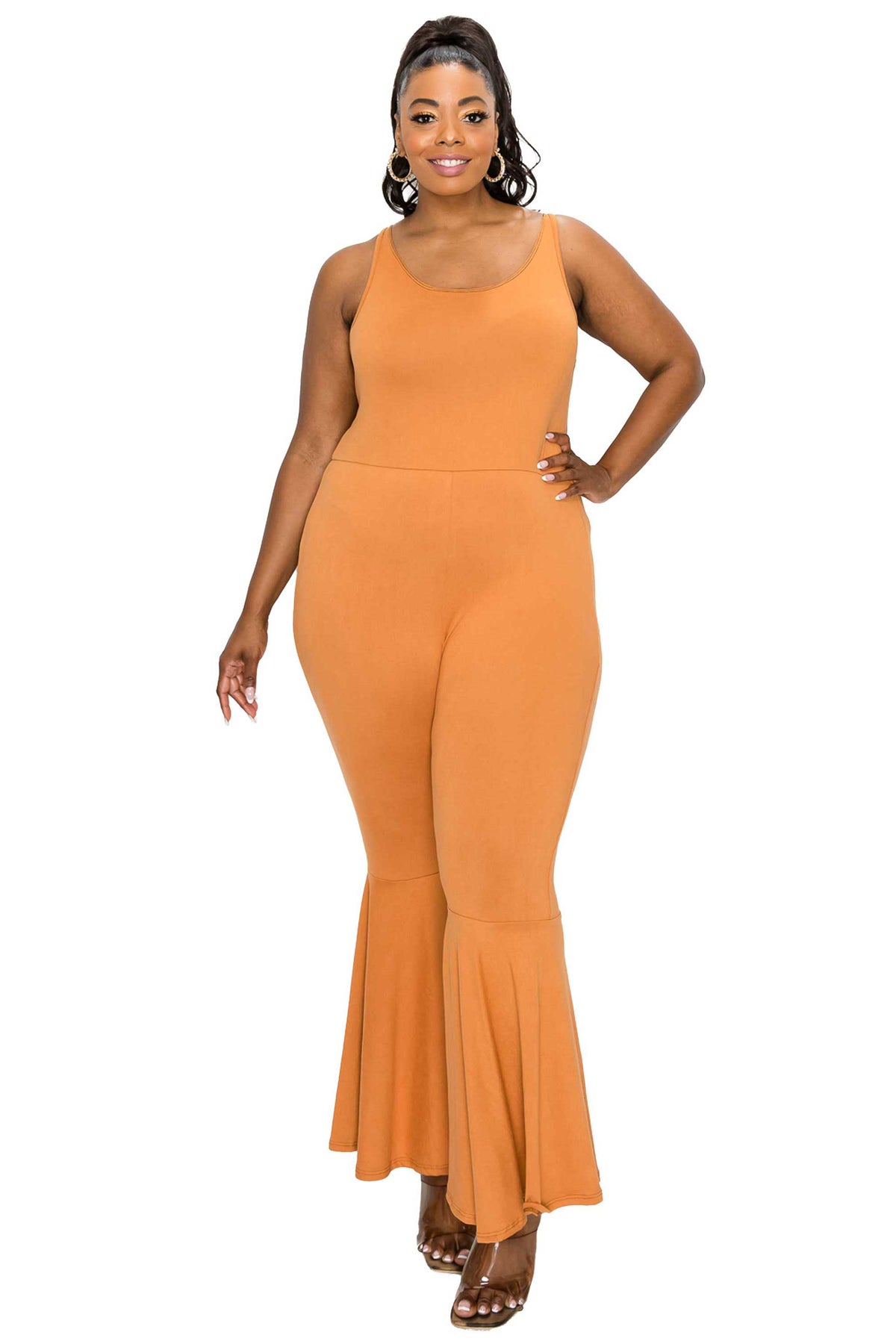 livd plus size boutique bodycon flare jumpsuit in clay orange