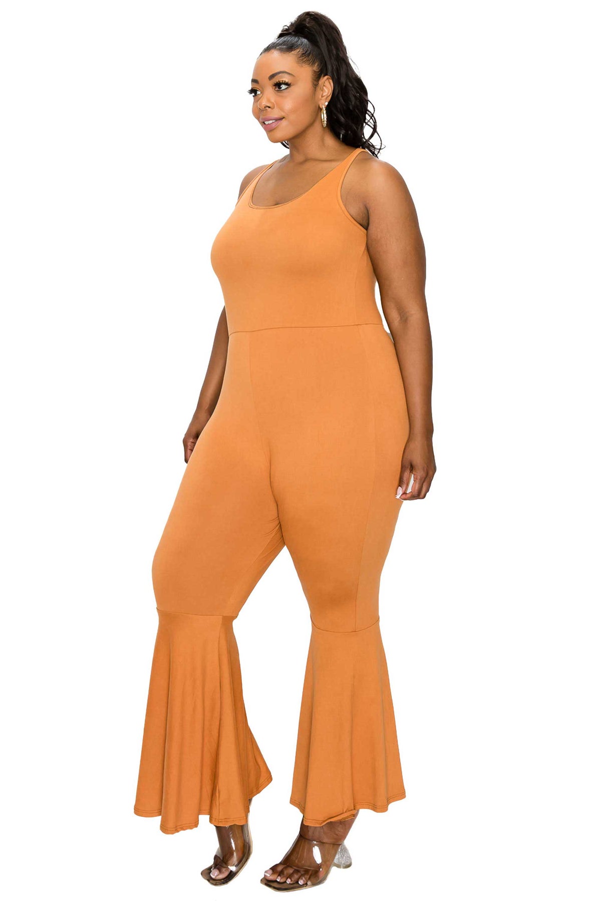 livd plus size boutique bodycon flare jumpsuit in clay orange