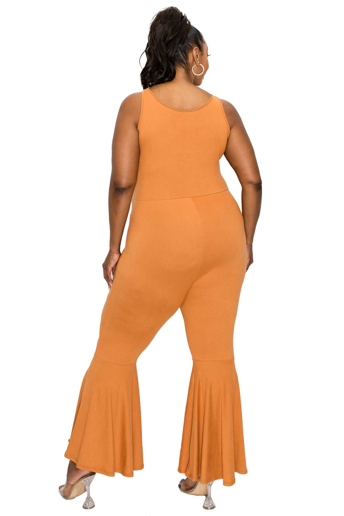 livd plus size boutique bodycon flare jumpsuit in clay orange