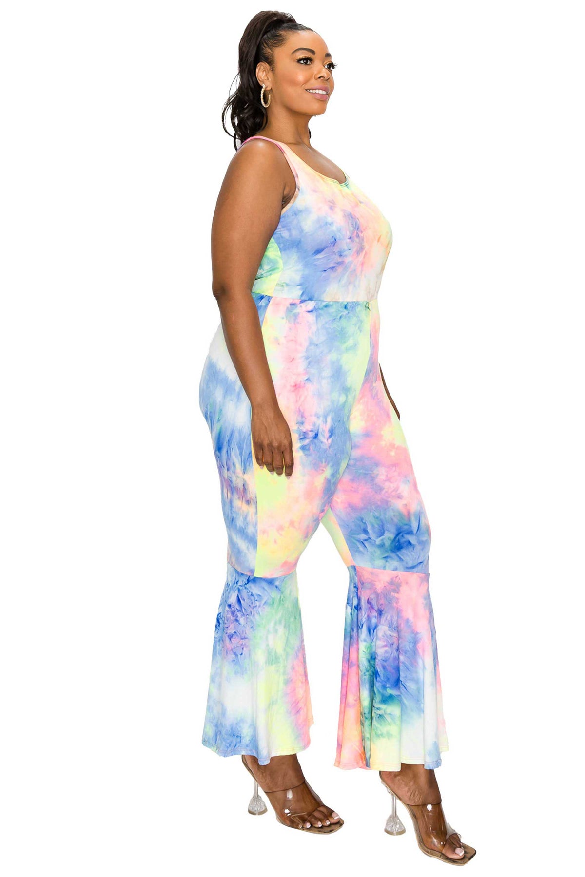 livd plus size boutique bodycon flare jumpsuit in neon yellow tie dye